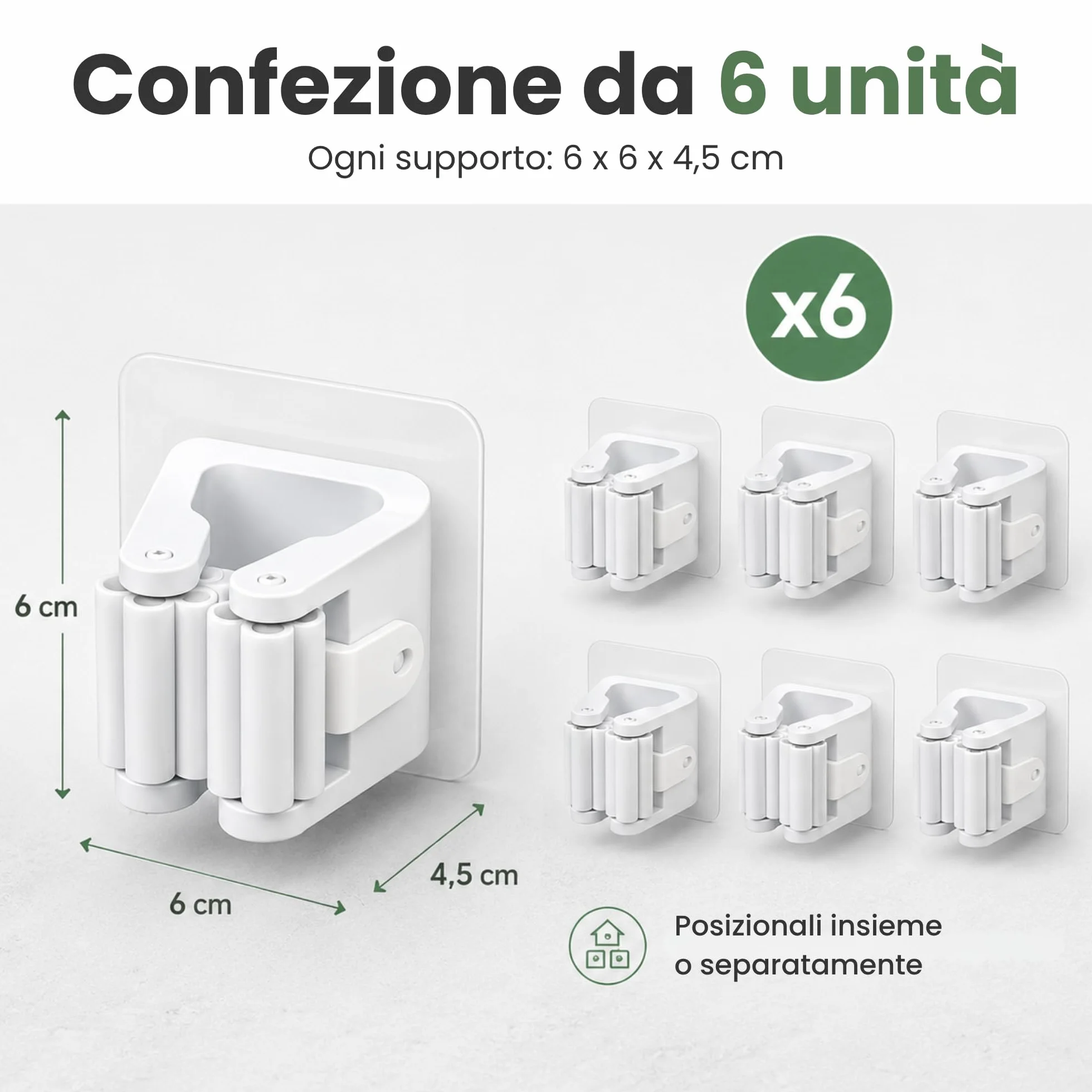 Porta Scope Parete Adesivo Set da 6, Portascope da Muro Appendibile Senza Forare, Appendi Scope Bianco per Scopa e Mocio, Cucina, Bagno, Lavanderia e Garage, 6 x 6 x 4,5 cm