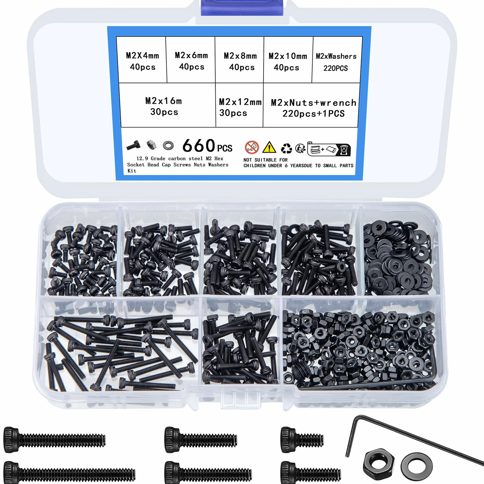 660 Pezzi M2 Viti e Bulloni e Dadi Set, Set di Viti a Esagono Incassato e Bulloni e Dadi e Rondelle Kit, Viti a Testa a Esagonale Bussola, Vite e Rondelle a Testa Brugola, Nere