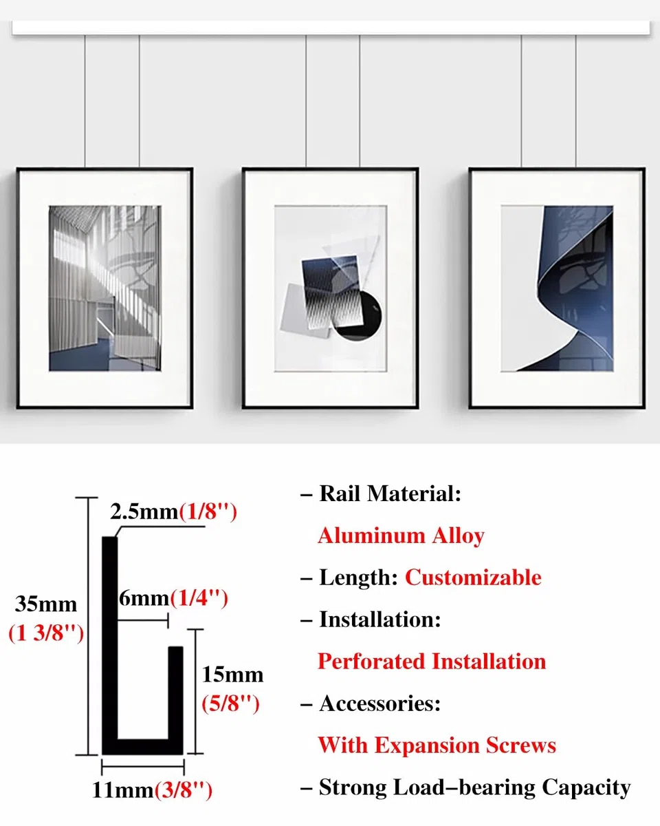 Sistema Decorativo per Appendere Quadri: 36 binari Bianchi per Foto da Parete, Cavi in Acciaio e Ganci a Molla. Ideale per mostre d'Arte e allestimenti in Galleria. Facile Installazione.