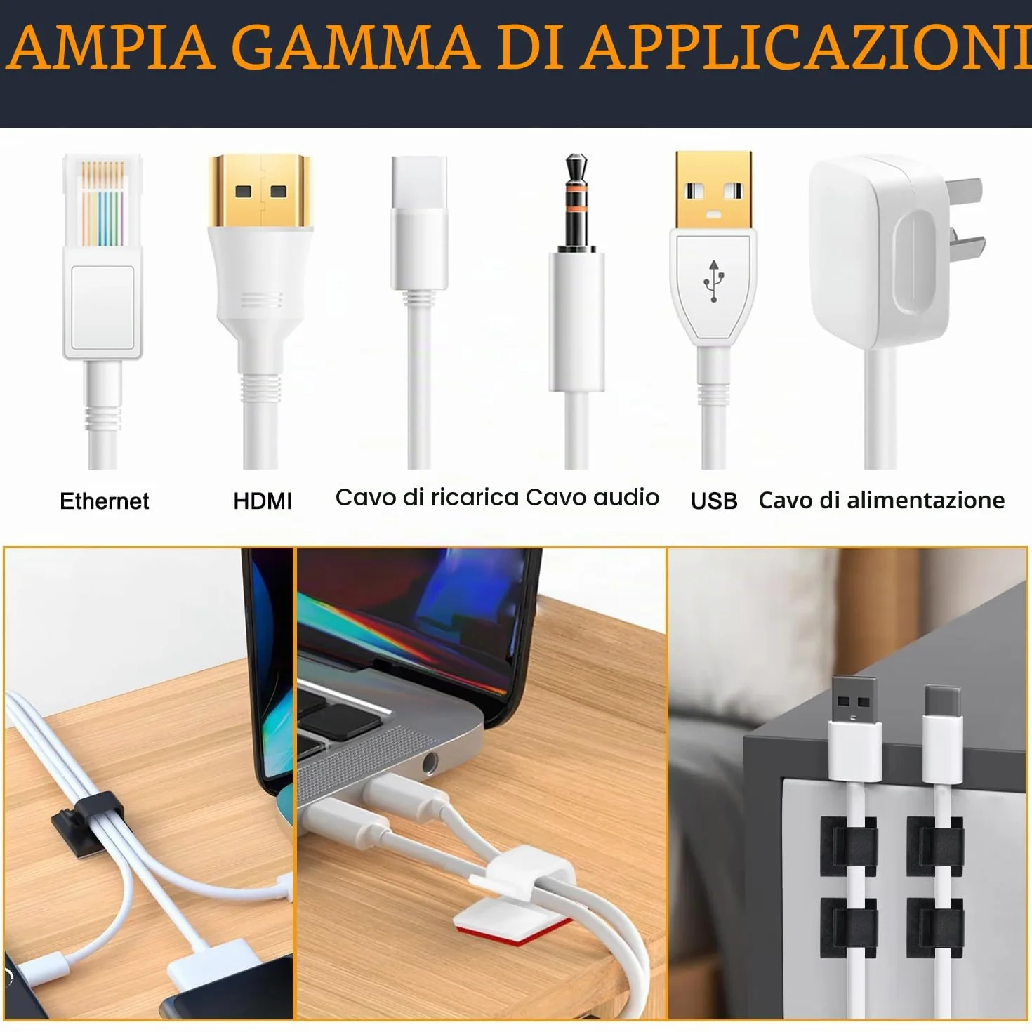 SOULWIT 50 Clip Cavo Autoadesivo, Fermacavi Organizer Gestione Cavi per TV PC Laptop Ethernet