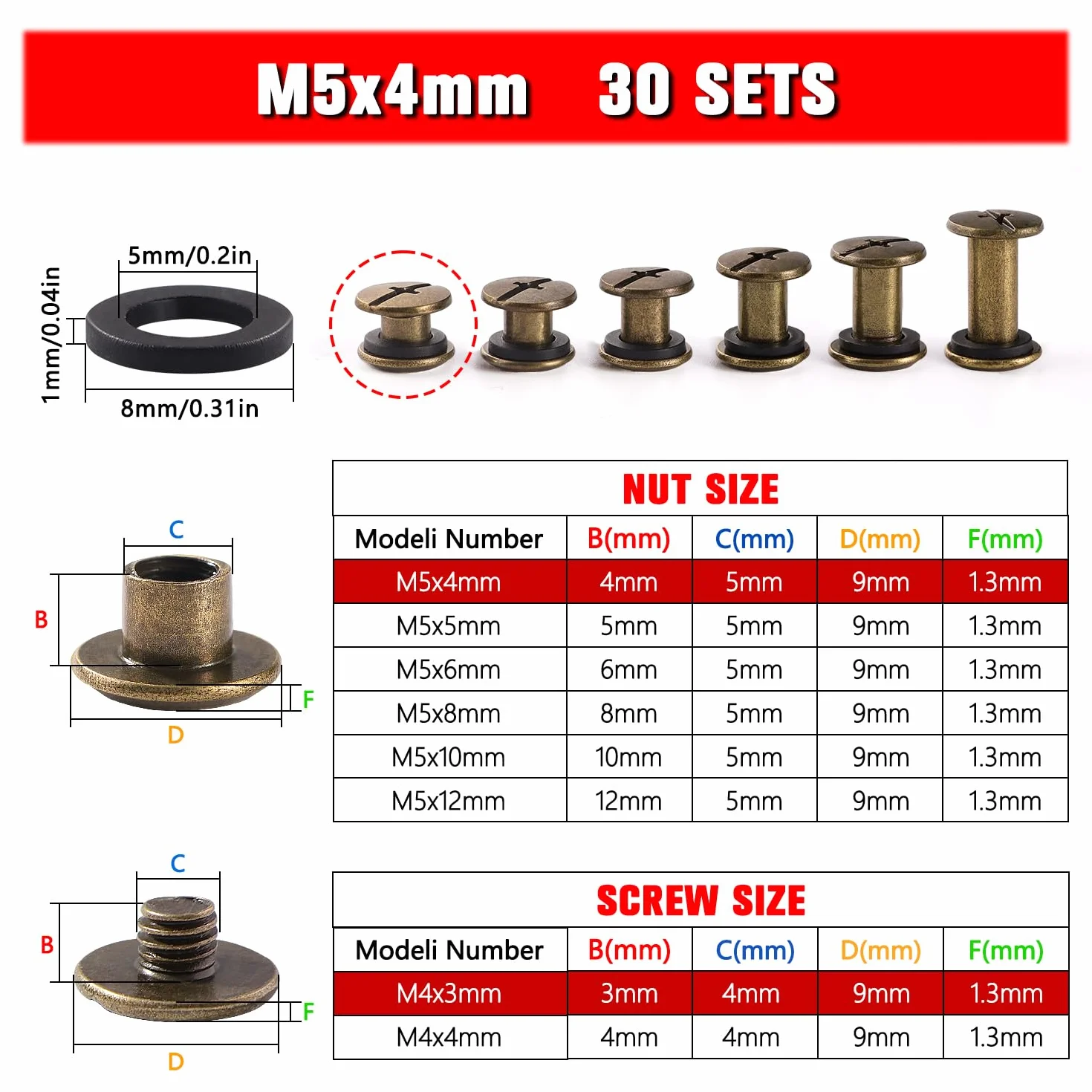 YIXISI 30 Set M5x4mm Chicago Screws Kit, Rivets Screws for Leather Bookbinding, Bronze