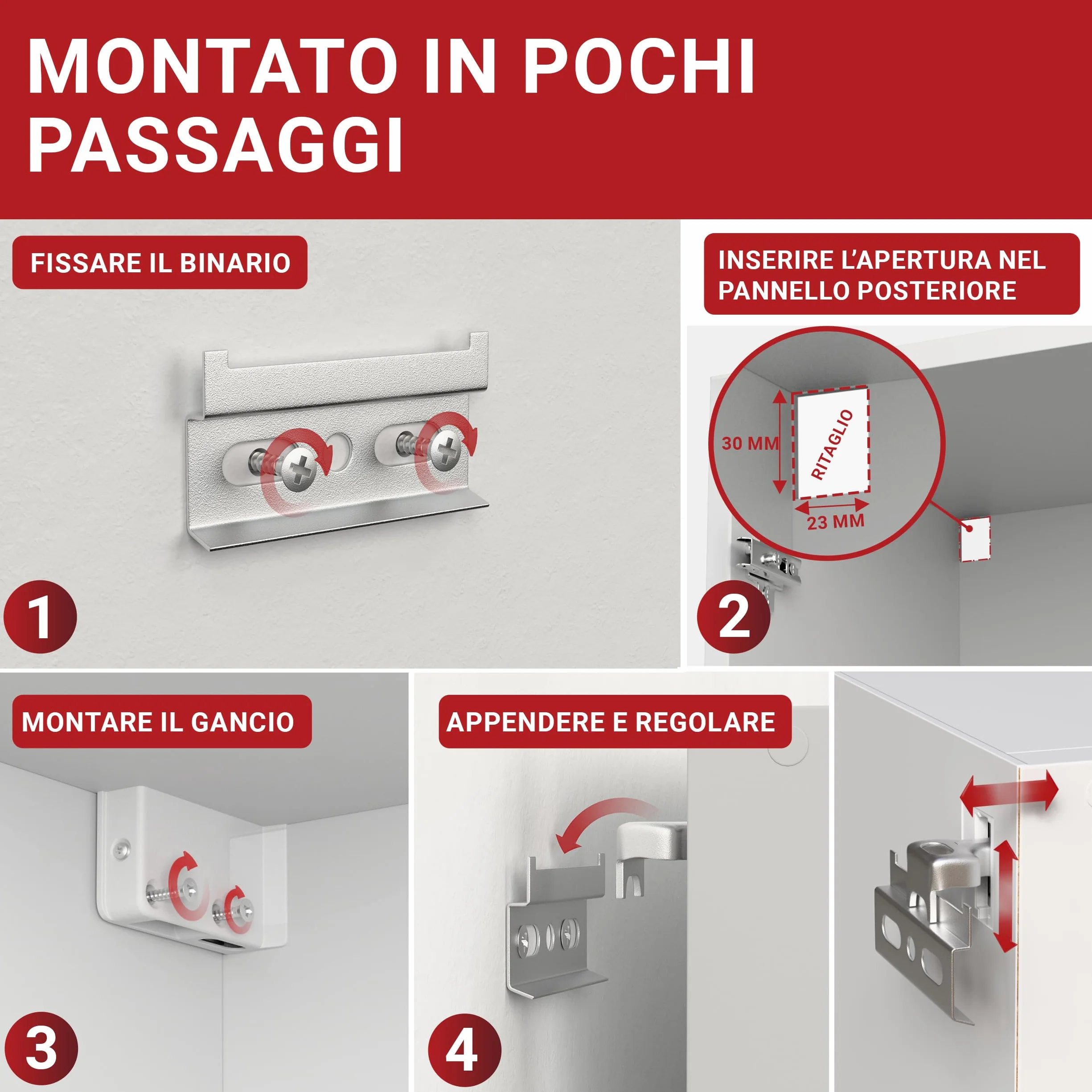 LouMaxx Set di ganci per armadio da cucina e pensili da cucina, con portata di 60 kg, con sistema di scaffali, guide da parete e materiale di montaggio – Made in EU