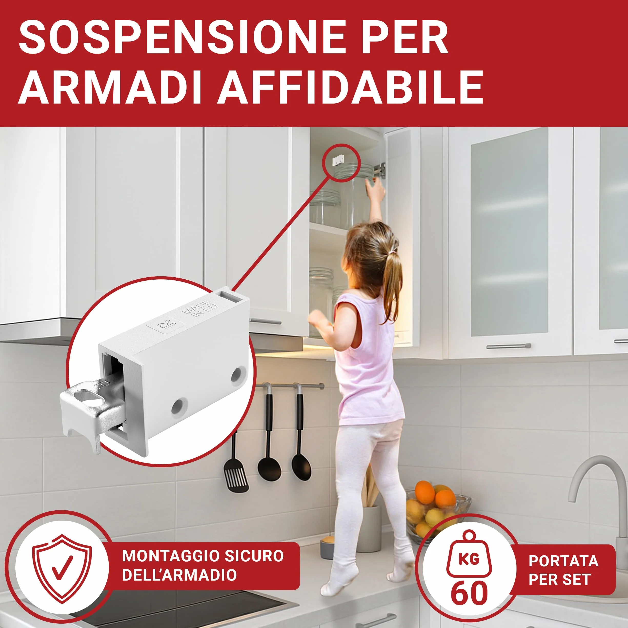 LouMaxx Set di ganci per armadio da cucina e pensili da cucina, con portata di 60 kg, con sistema di scaffali, guide da parete e materiale di montaggio – Made in EU