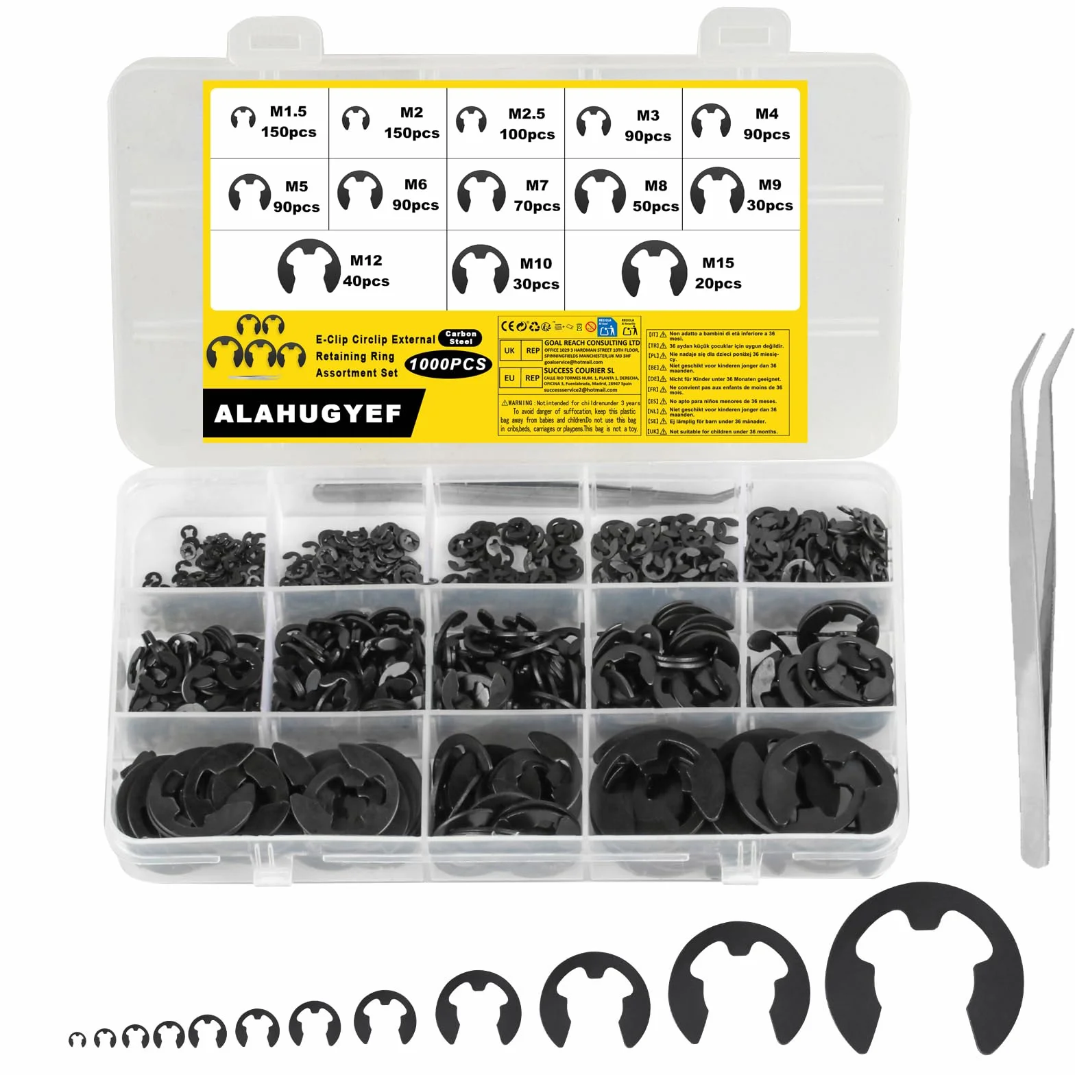 Set di 1000 Clip di Ritenzione E-Clip, Anello di Fissaggio Interno ed Esterno, Kit di Anelli a Scatto, Disponibili in 13 Dimensioni