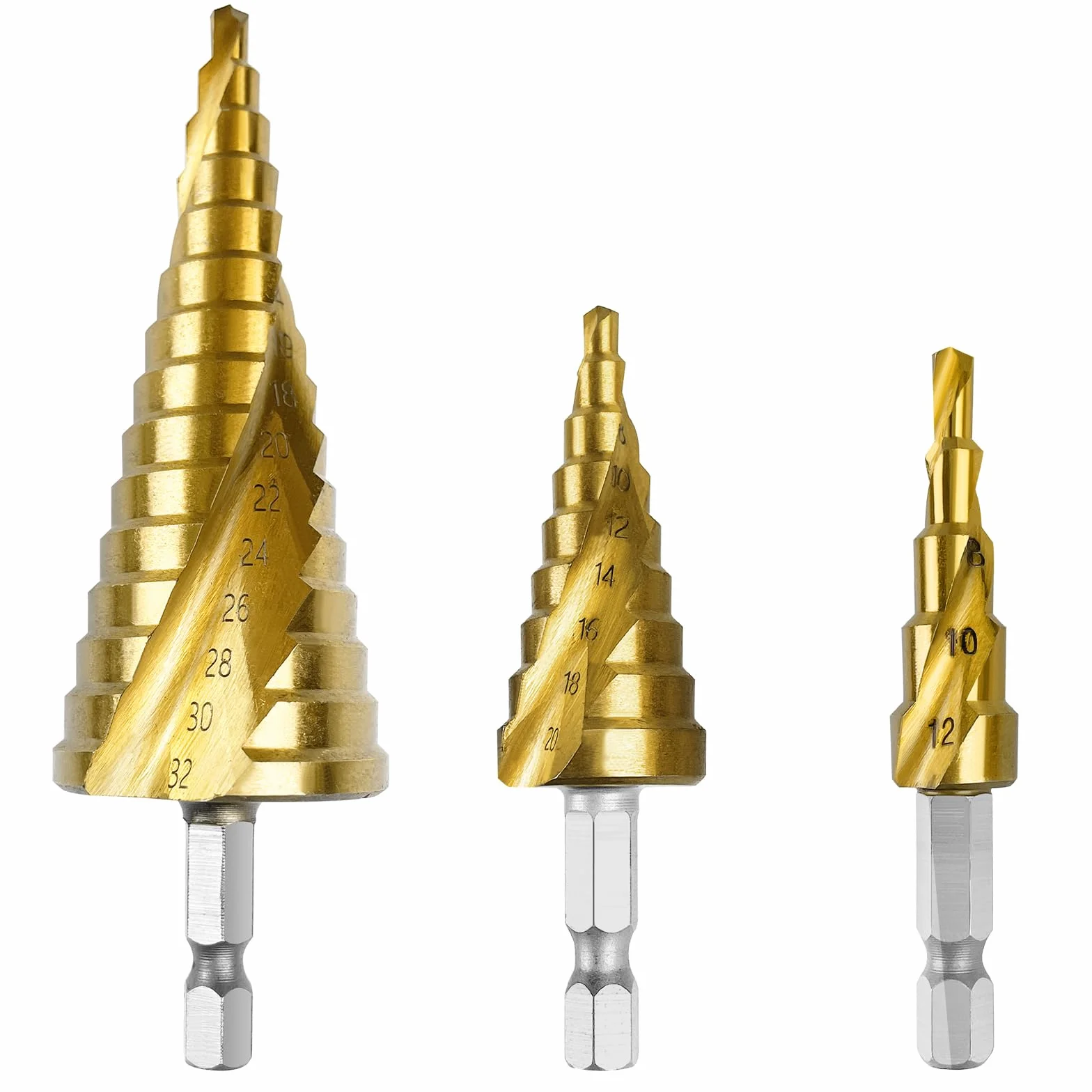 Mesybveo 3 Pezzi Fresa Conica, 4-12 mm/4-20mm/4-32mm HSS Trapano in Titanio, Punte a Gradino con Gambo Esagonale, Punte Coniche a Doppia Scanalatura, Per legname, Plastica, Alluminio