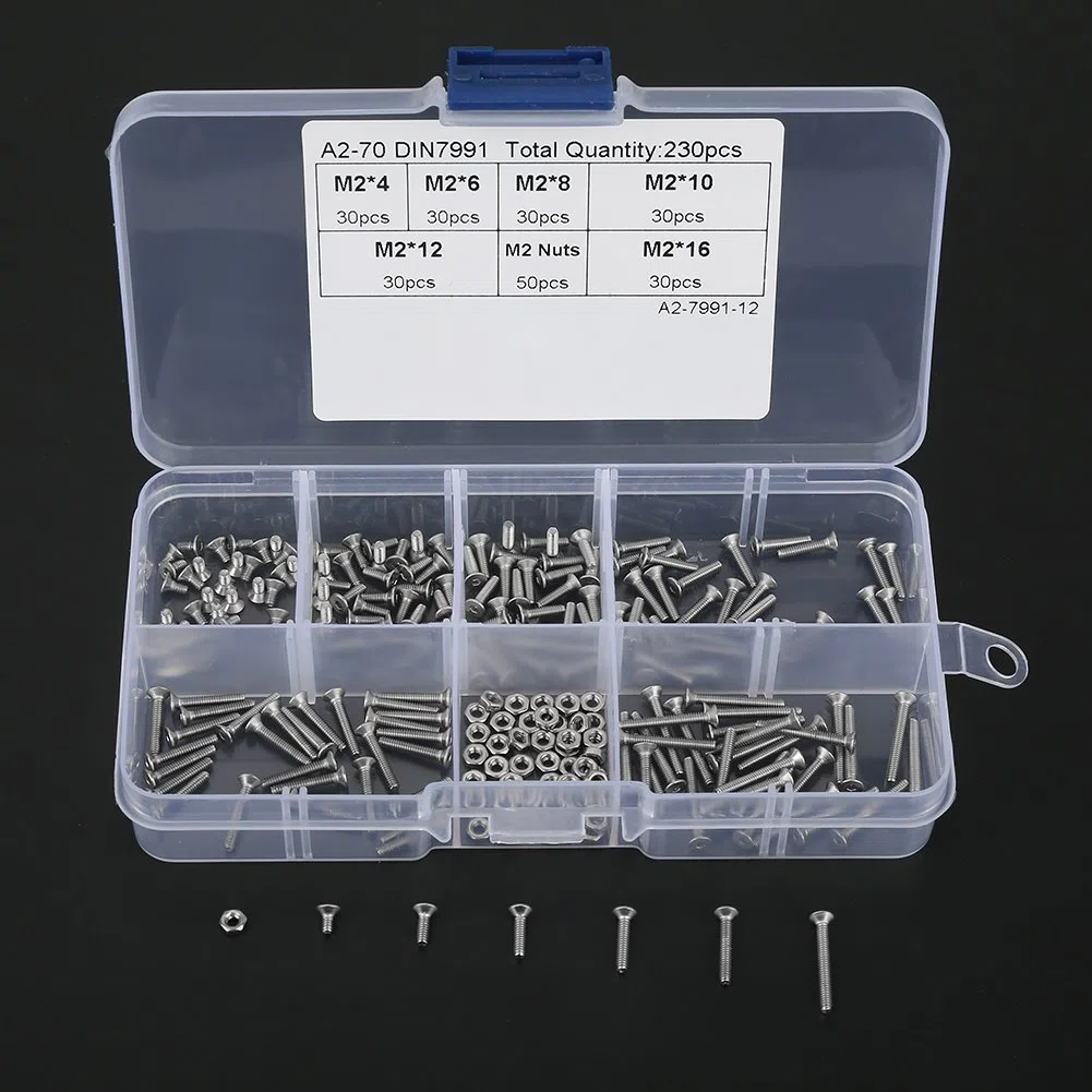 230pcs M2 304 in acciaio inox a testa piatta Viti per bulloni in metallo Kit di strumenti assortimento con scatola