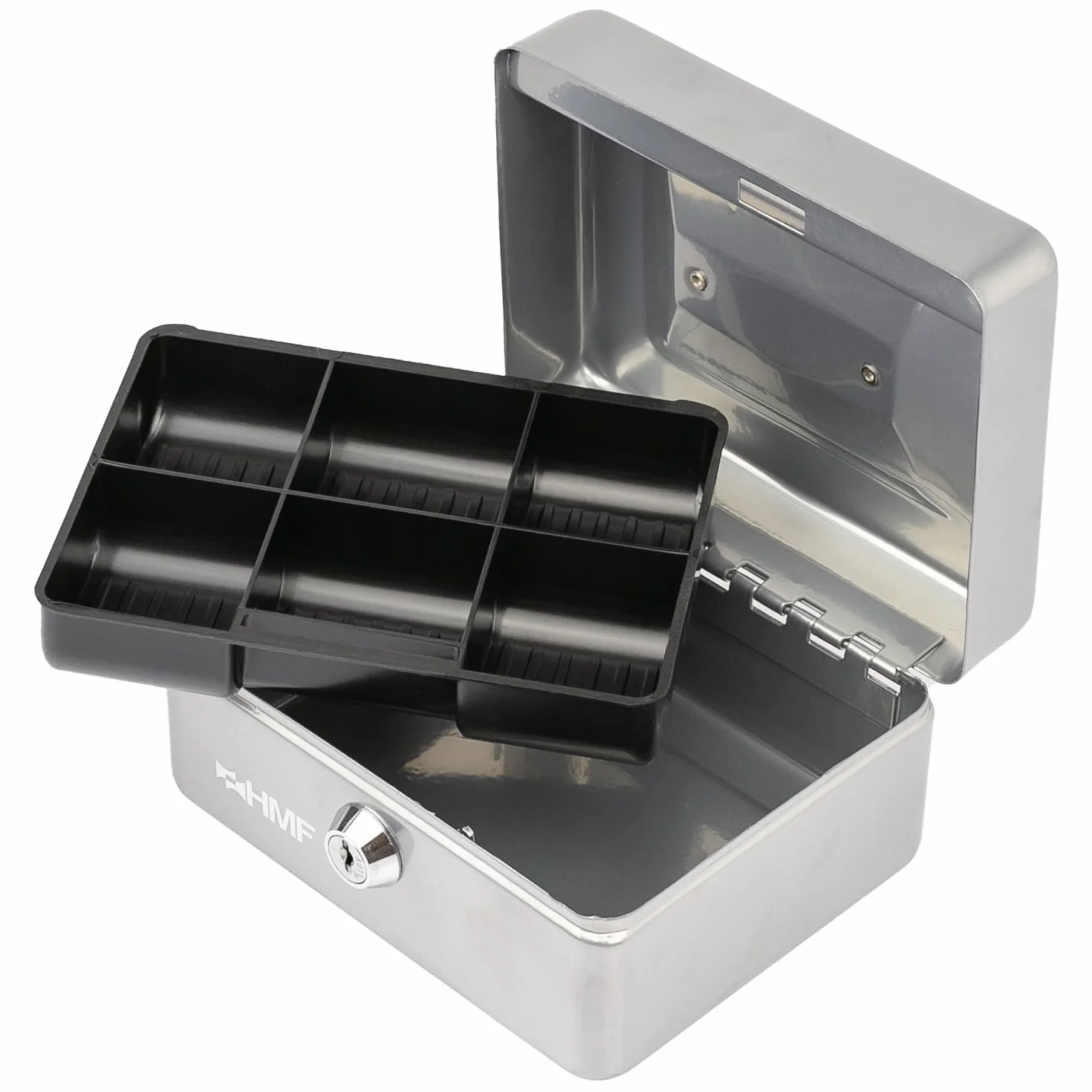 HMF Cassetta portavalori con chiusura a chiave, Cassa con inserto portamonete, 6 scomparti per monete | 15 x 12 x 8 cm | Argento