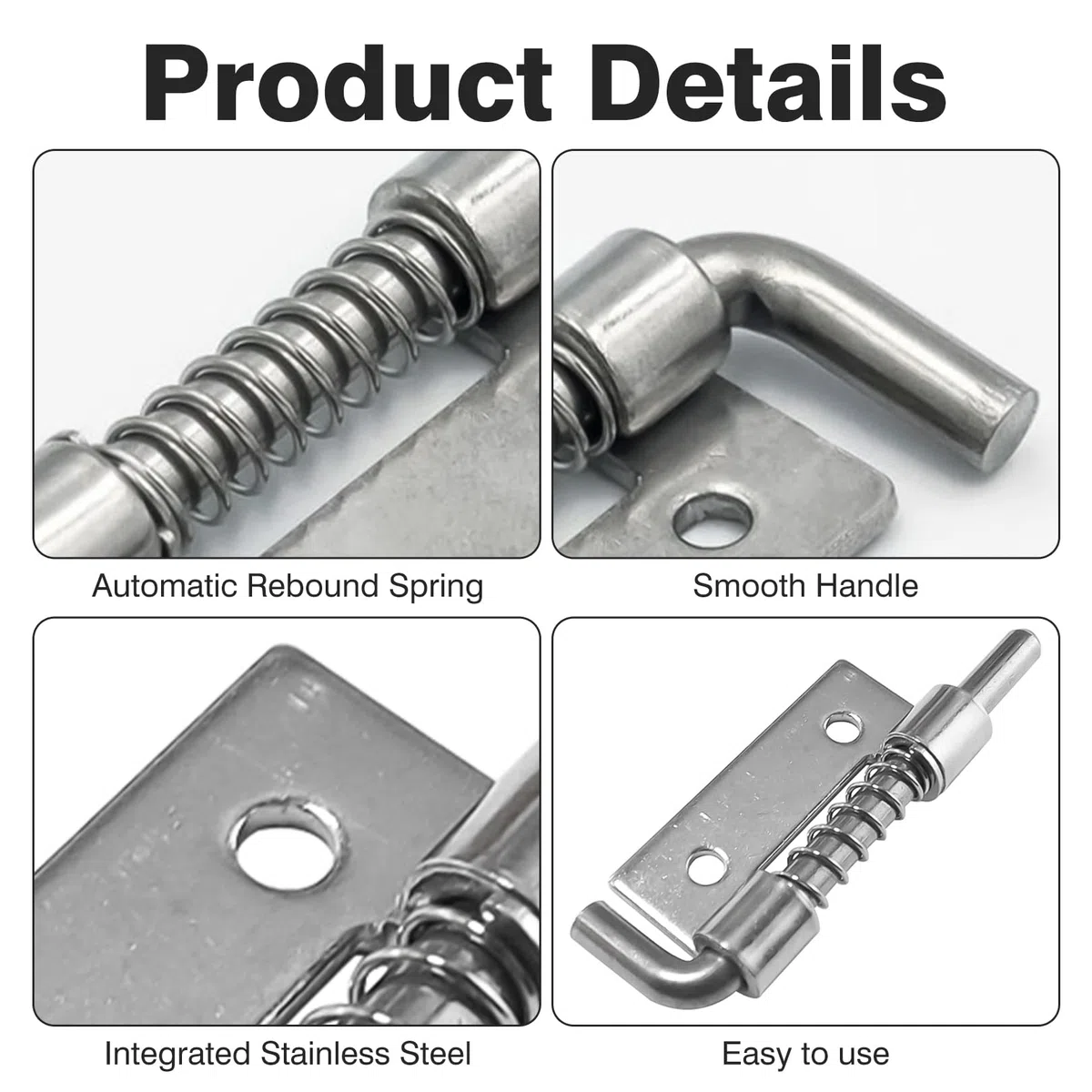 4 perni a molla caricati, chiusura a molla in acciaio inox 304 con foro bloccato sul lato sinistro, serratura compatta, bullone a molla per contenitori, armadi o porte (52 mm, argento)