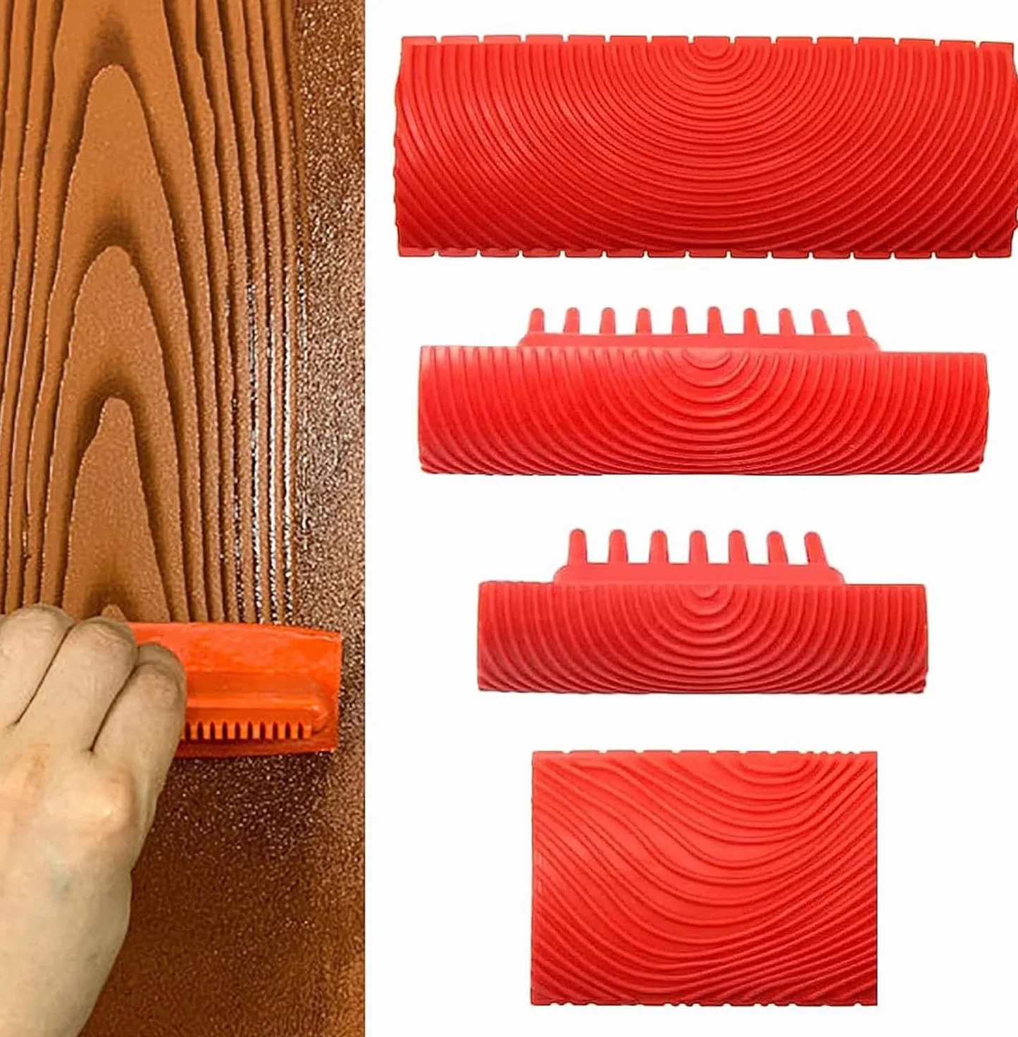 Attrezzo per venature del legno, attrezzo per pittura in gomma per decorazioni murali,rosso, (4 pezzi)