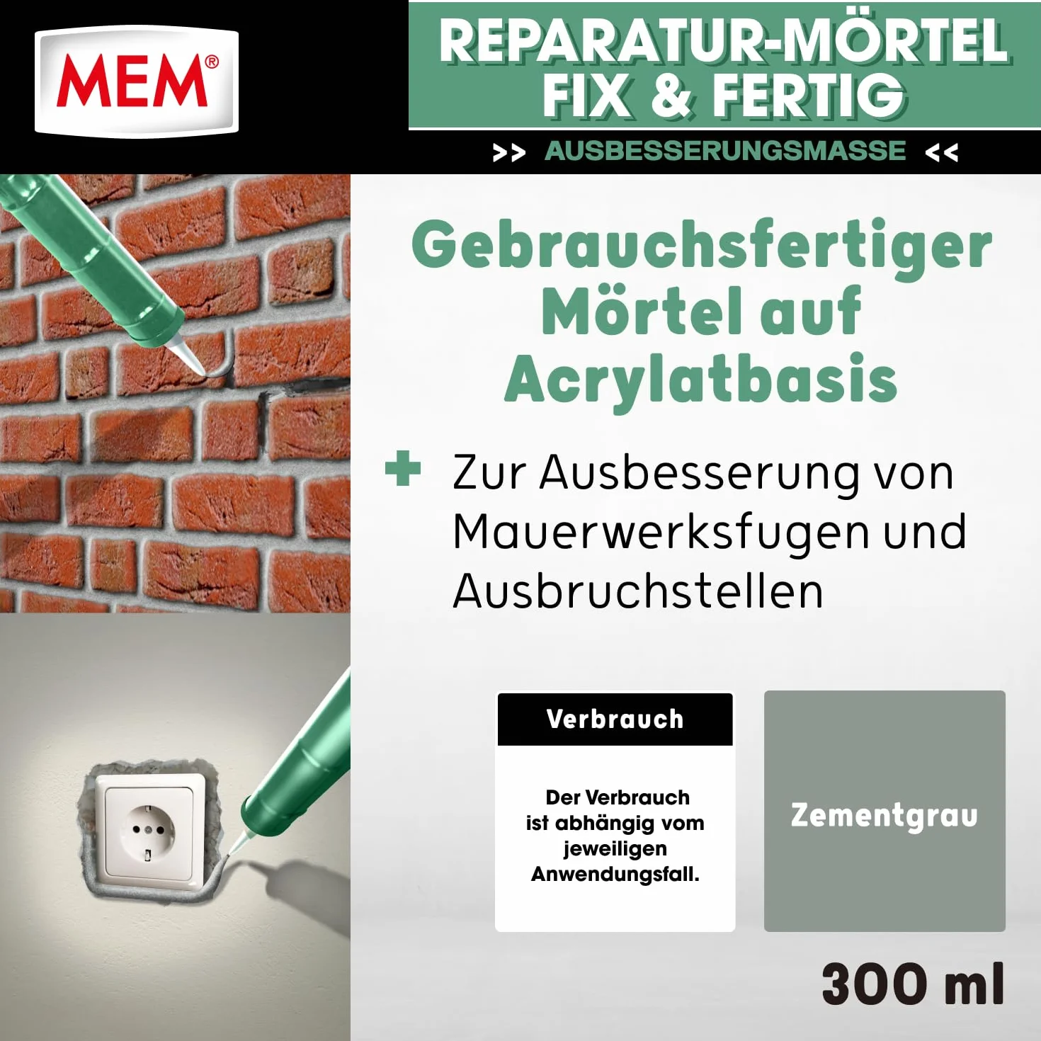 MEM – Malta per riparazione Fix e pronta da 300 ml, Acrilico, Grigio Mem-500600