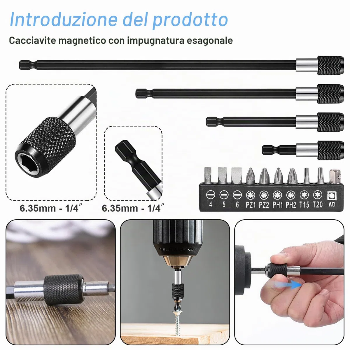 14 estensori per trapano, in acciaio legato, 60/100/150/300 mm, supporto per punte per cacciavite 1/4, trapano magnetico con attacco esagonale, prolunga per punta per cacciavite a batteria (nero)