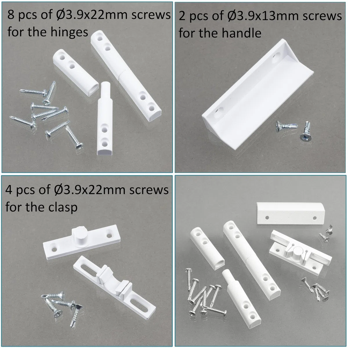 AERZETIX - Kit di accessori per telaio zanzariera: 2 cerniere, 1 maniglia, 1 chiavistello in plastica bianca + 14 viti autofilettanti (Ø3.9x22 mm, Ø3.9x13 mm, Ø3.9x16 mm)