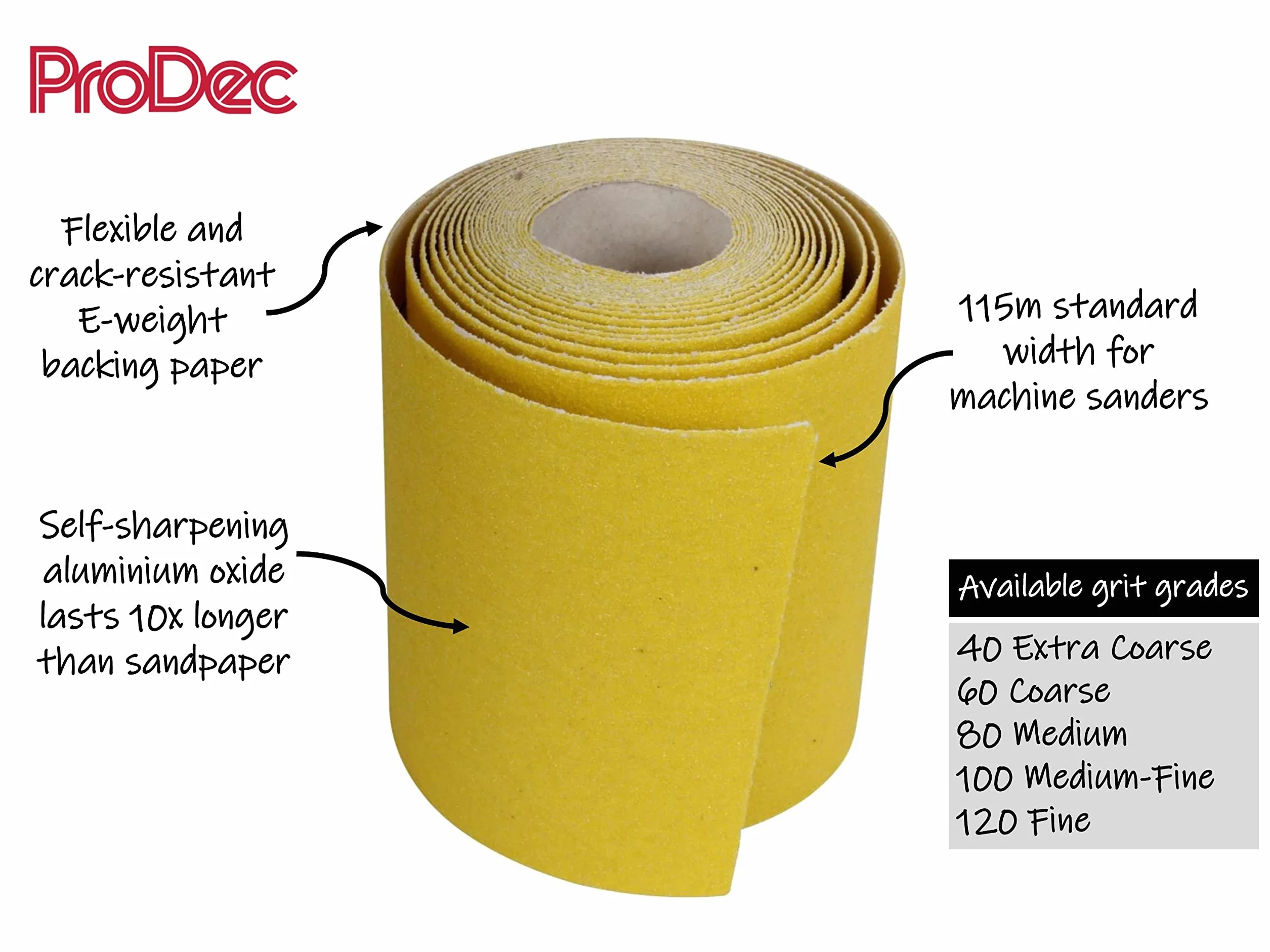 ProDec 10m Rotolo 60 Grana grossa Giallo Ossido di Alluminio Carta abrasiva per la levigatura di legno, vernice, gesso, stucco, metallo e altro, larghezza 115mm Carta abrasiva