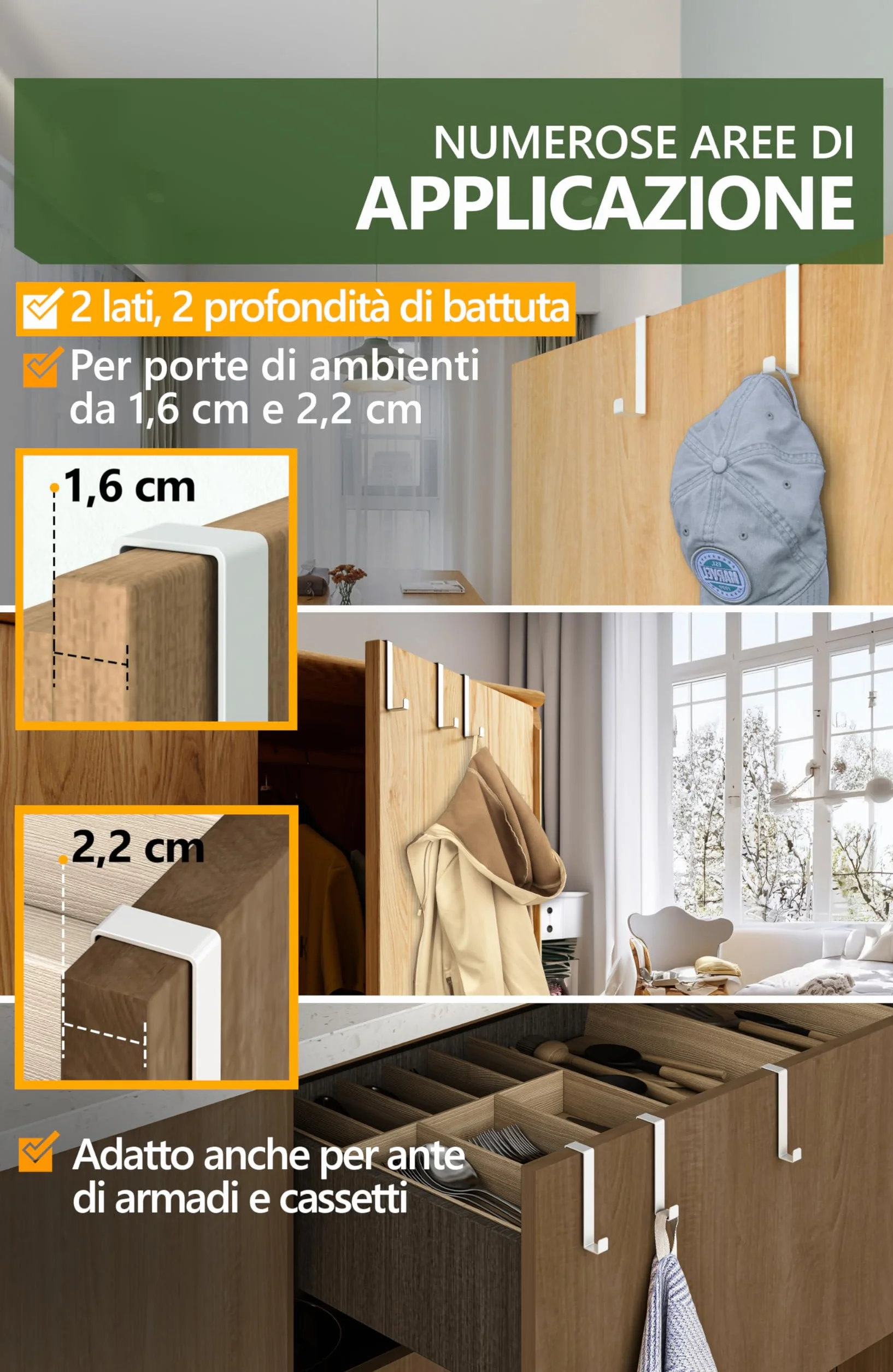 Appendiabiti da Porta Acciaio Inox 10 Pezzi Bianco - Ganci Porta Universali