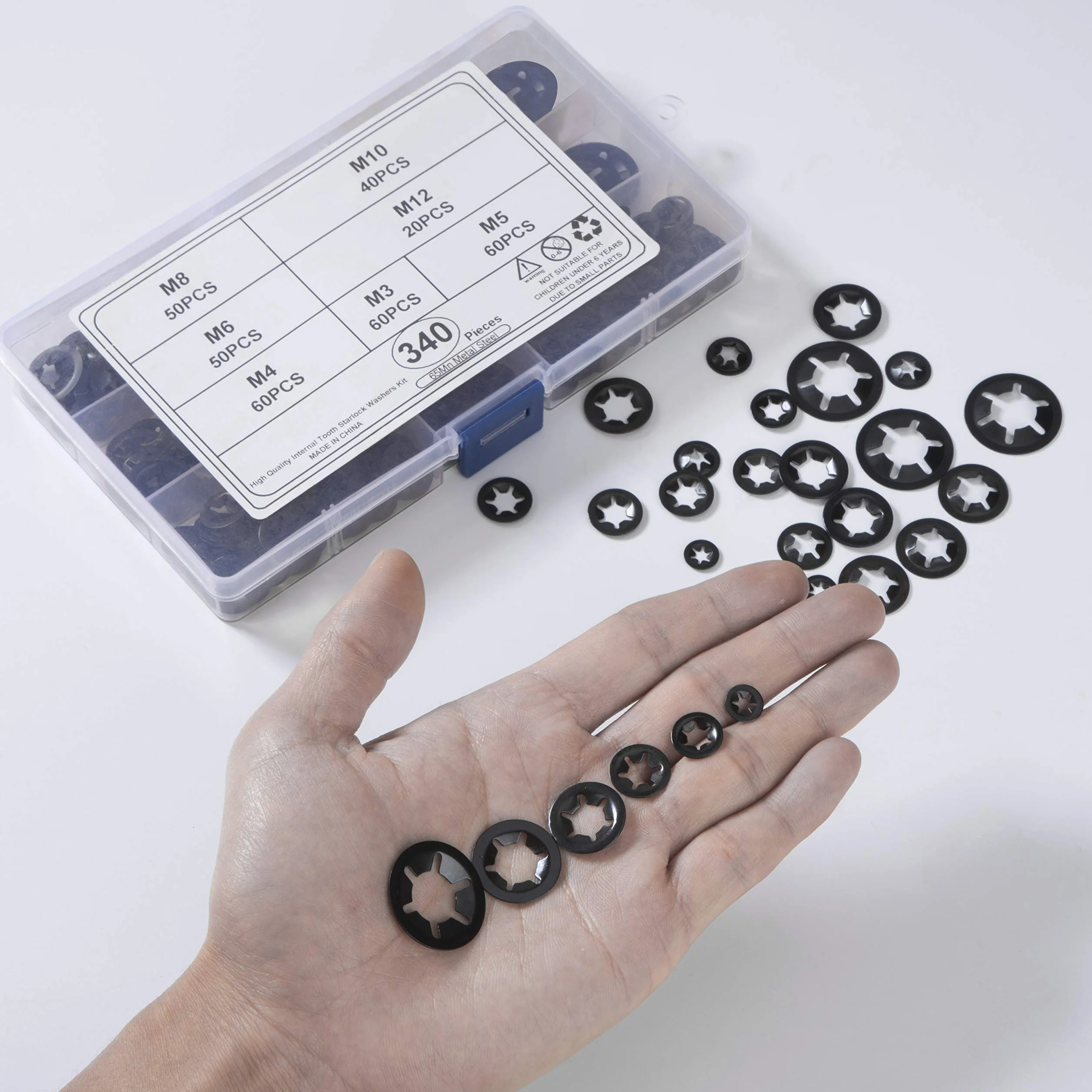 QIMEI-SHOP Rondelle di Fissaggio con Dente Interno Rondella di Bloccaggio M3 M4 M5 M6 M8 M10 M12 Acciaio Manganese Assortimento Kit Nero 340 Pezzi