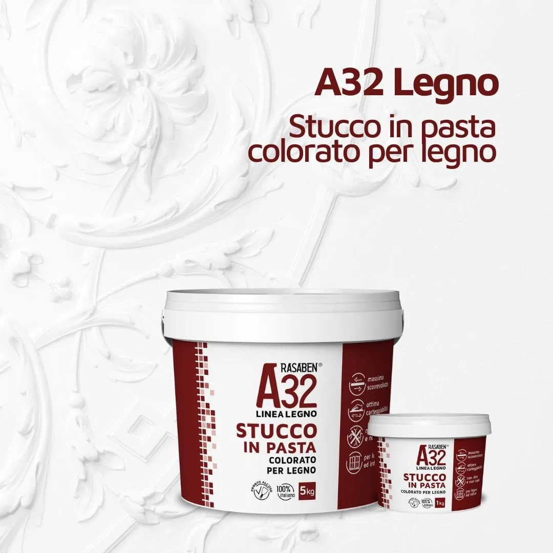 RASABEN - Stucco in Pasta A32 Color Douglas, Specifico per Legno, Pronto all'Uso, Ottima Carteggiabilità, Non Ritira o Crepa, per Mobili e Infissi, Uso Interno, Made in Italy, Barattolo da 0,5kg
