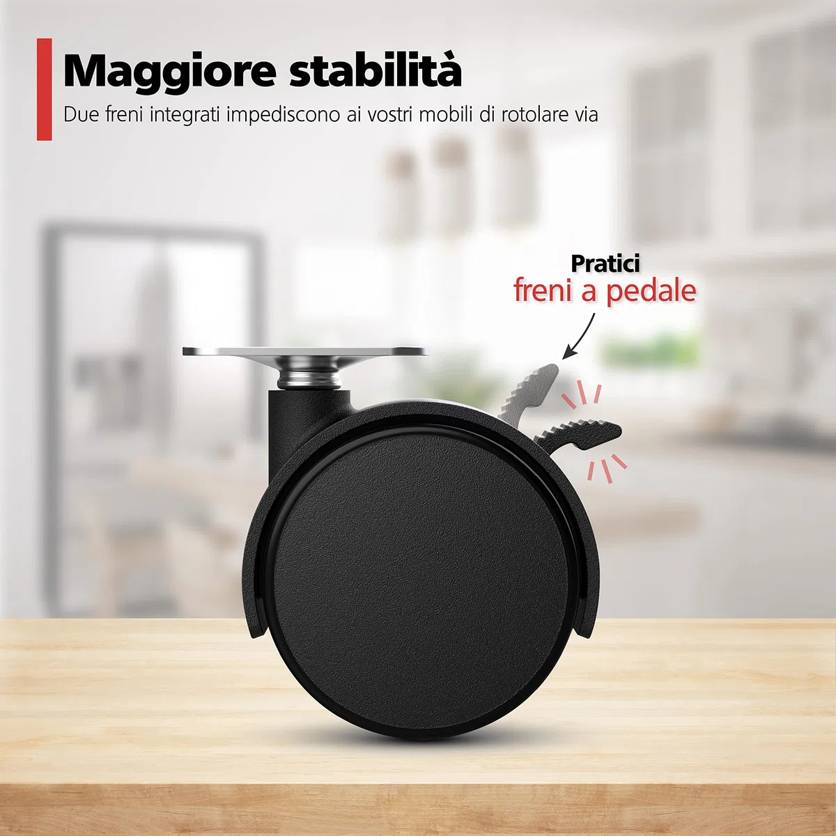 RAVN HAMAN Set di 4 Ruote per mobili 40 mm - Ruote piroettanti con freno fino a 25 kg per ruota - Ruote pivottanti per mobili da interno - Rotelle girevoli con bassa resistenza al rotolamento