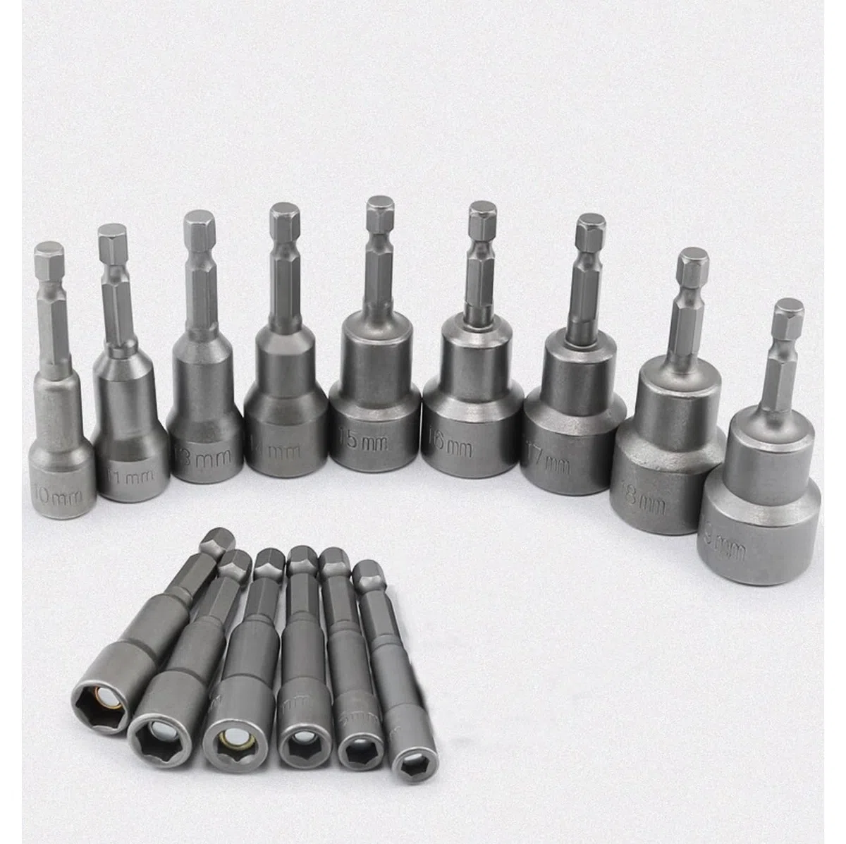 Set di chiavi a bussola magnetiche con codolo esagonale da 10mm, per trapani, avvitatori e adattatori., grigio