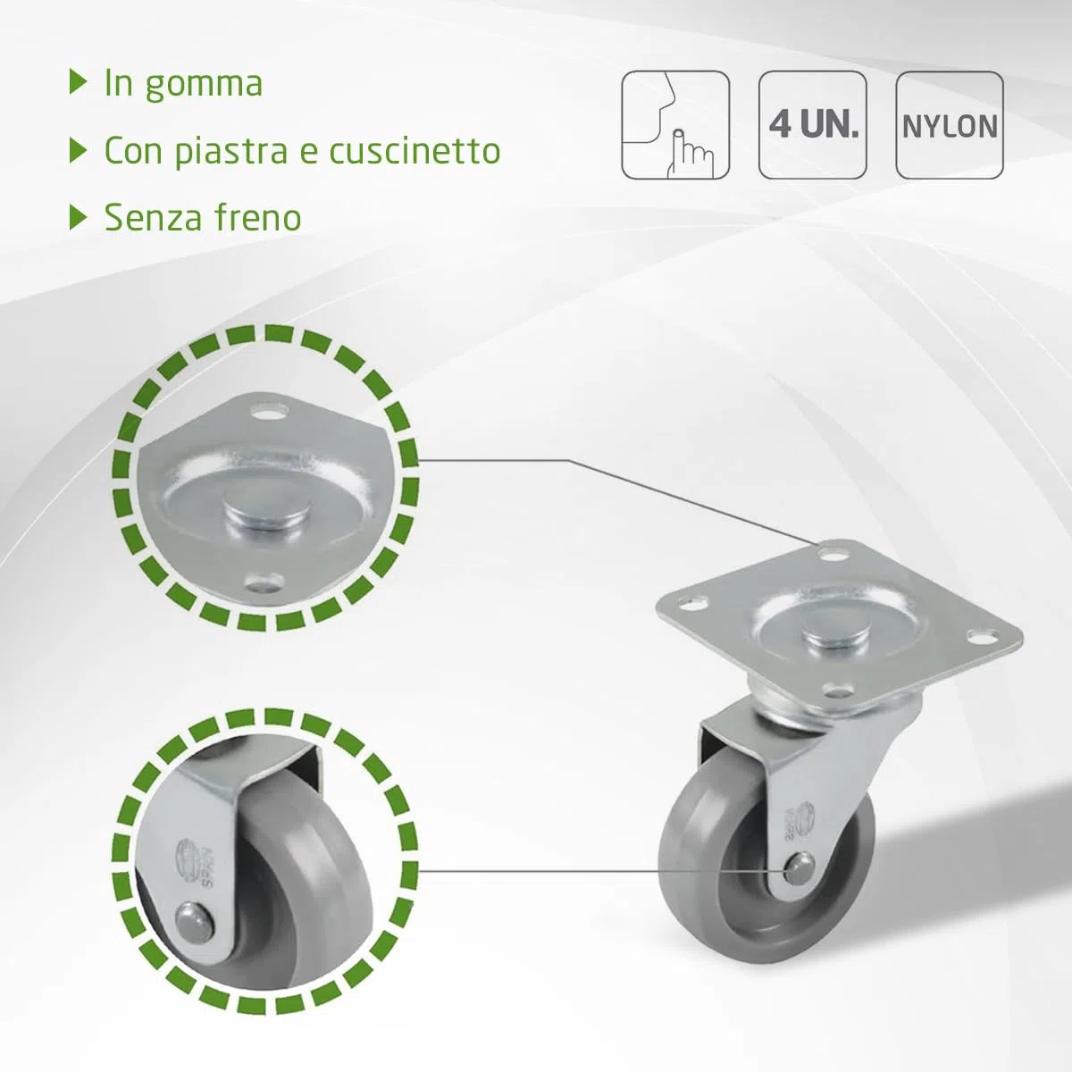 Amig - Pacco di 4 ruote per mobili mod. 2500 con piastra e cuscinetti. Misura: diametro 40 mm. Carico massimo per ruota: 22 kg. Realizzate in nylon, colore grigio, senza freno.