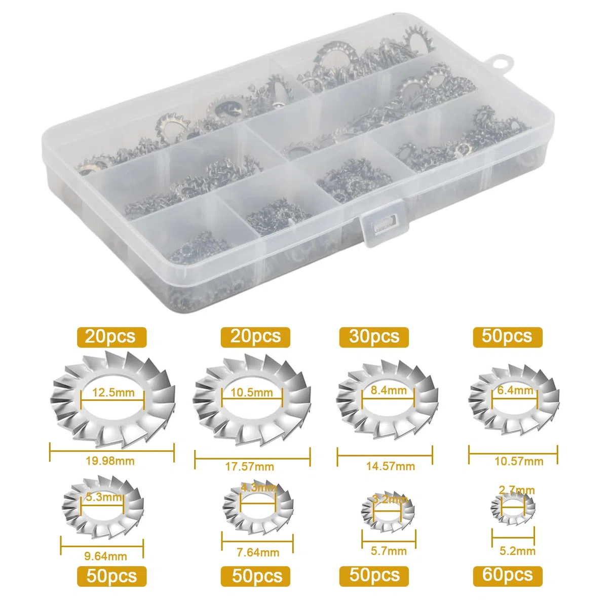 555 Pezzi Rondelle di Sicurezza Dentate Esterne in Acciaio Inox 304 – Rondelle Anti-Vibrazione, Bloccaggio Denti a Stella Assortimento Kit Assortito 8 Misure per Fai Te, Automotive ed Edilizia