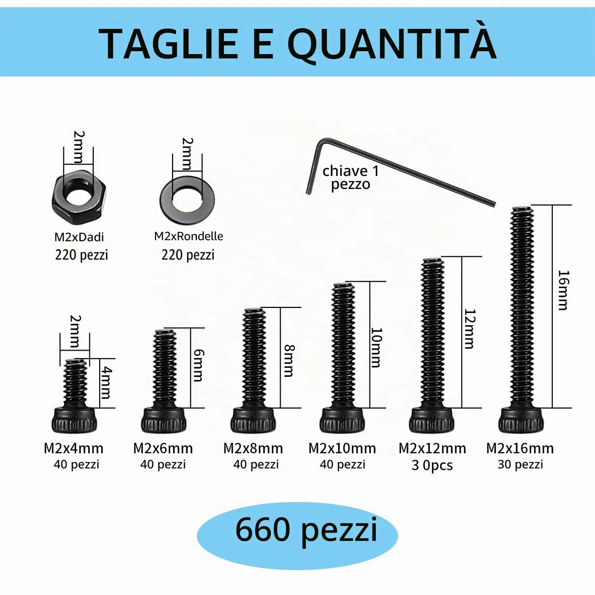 660 Pezzi M2 Viti e Bulloni e Dadi Set, Set di Viti a Esagono Incassato e Bulloni e Dadi e Rondelle Kit, Viti a Testa a Esagonale Bussola, Vite e Rondelle a Testa Brugola, Nere