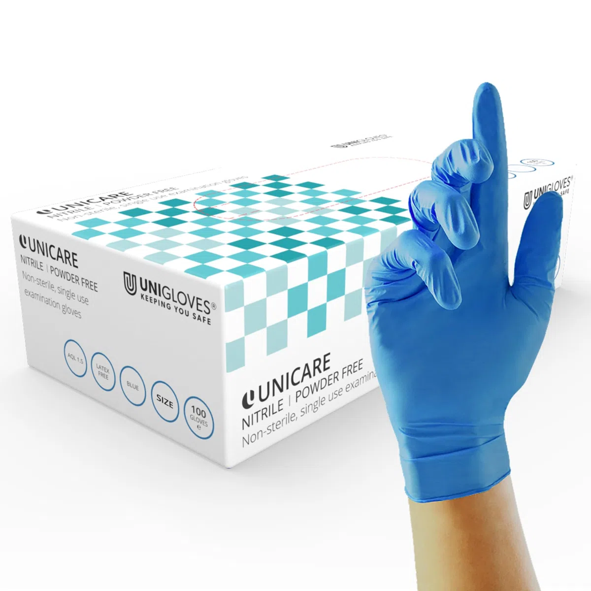 Unigloves Unicare GS0034 Guanti Blu in Nitrile - Guanti Monouso, Senza Polvere, Privi di Lattice, Ideale per Uso Medico e Alimentare, Ambidestri, Usa e Getta, Resistenti agli Agenti Chimici, Taglia L