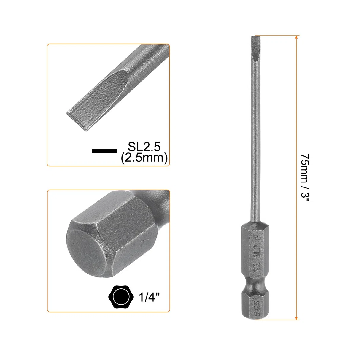 QUARKZMAN SL2,5 Punte per Cacciavite a Taglio Magnetica 2,5mm S2 Punta Cacciavite a Testa Piatta Acciaio 1/4" Grado Industriale Gambo Esagonale 3" Lungo per Rimuovere Viti Fissaggio