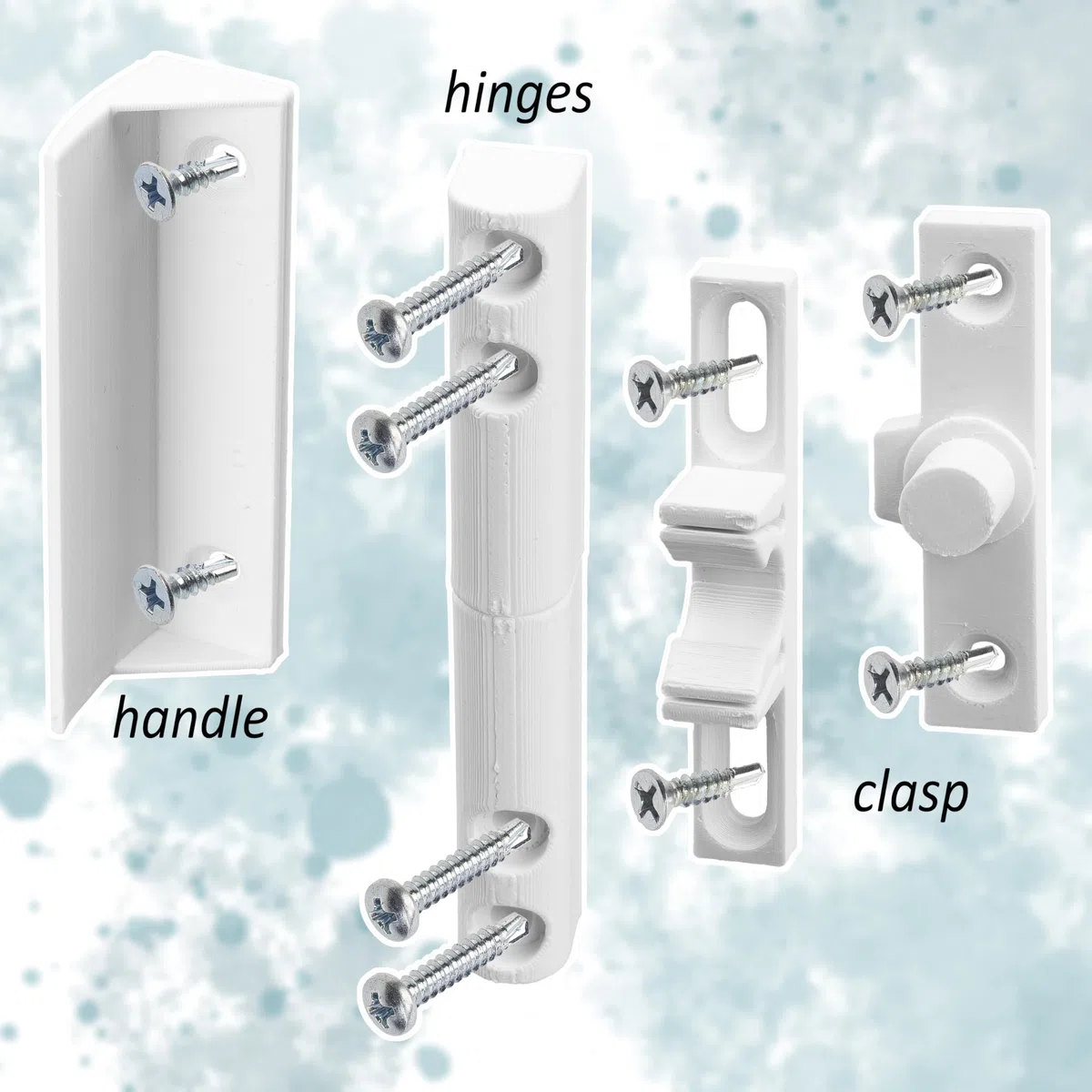 AERZETIX - Kit di accessori per telaio zanzariera: 2 cerniere, 1 maniglia, 1 chiavistello in plastica bianca + 14 viti autofilettanti (Ø3.9x22 mm, Ø3.9x13 mm, Ø3.9x16 mm)