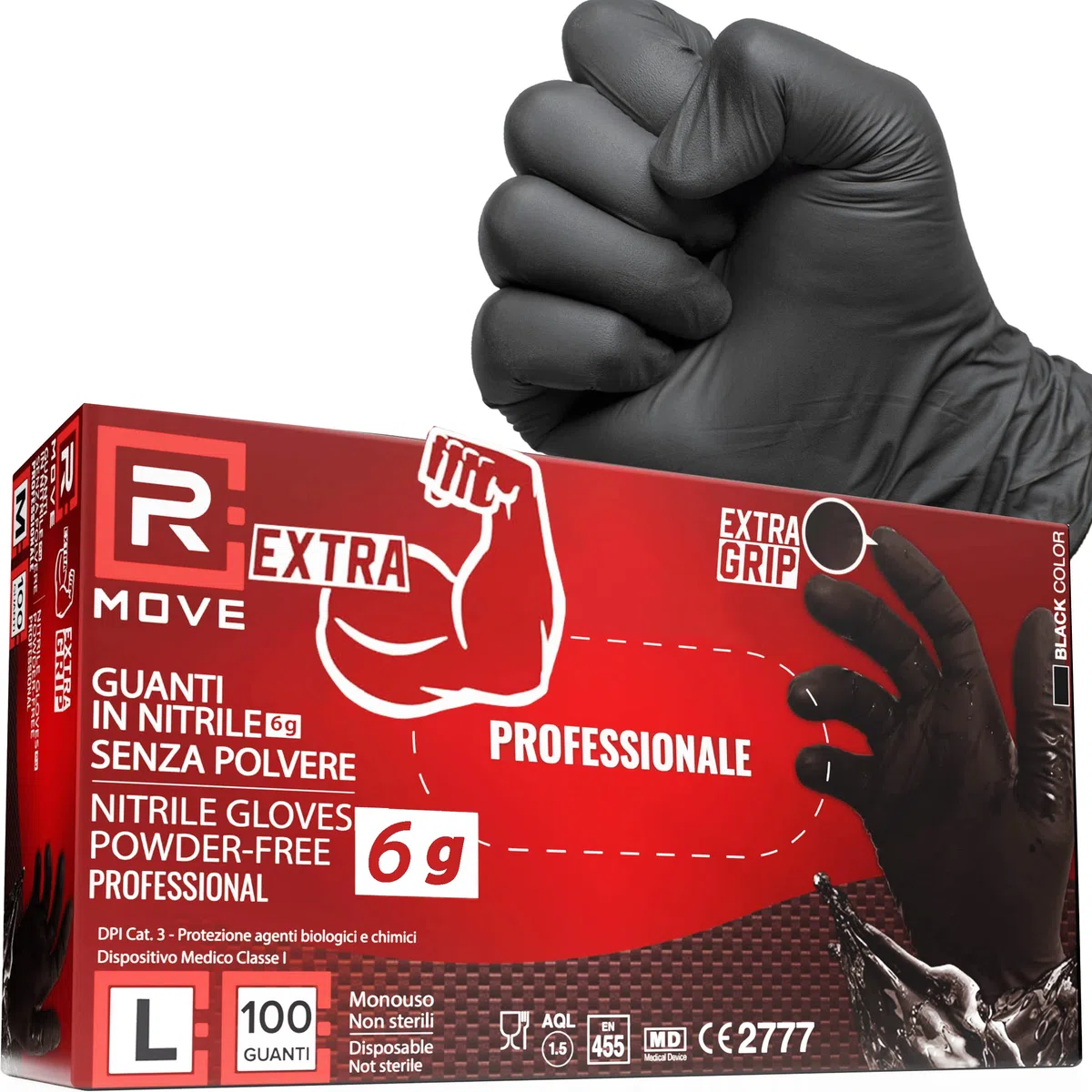 R MOVE 100 guanti monouso in nitrile neri taglia L, EXTRA RESISTENTI +60% di spessore in più al dito rispetto al 3,5 gr, no polvere, no lattice per meccanici, tatuatori, ristorazione, 6 grammi (L)