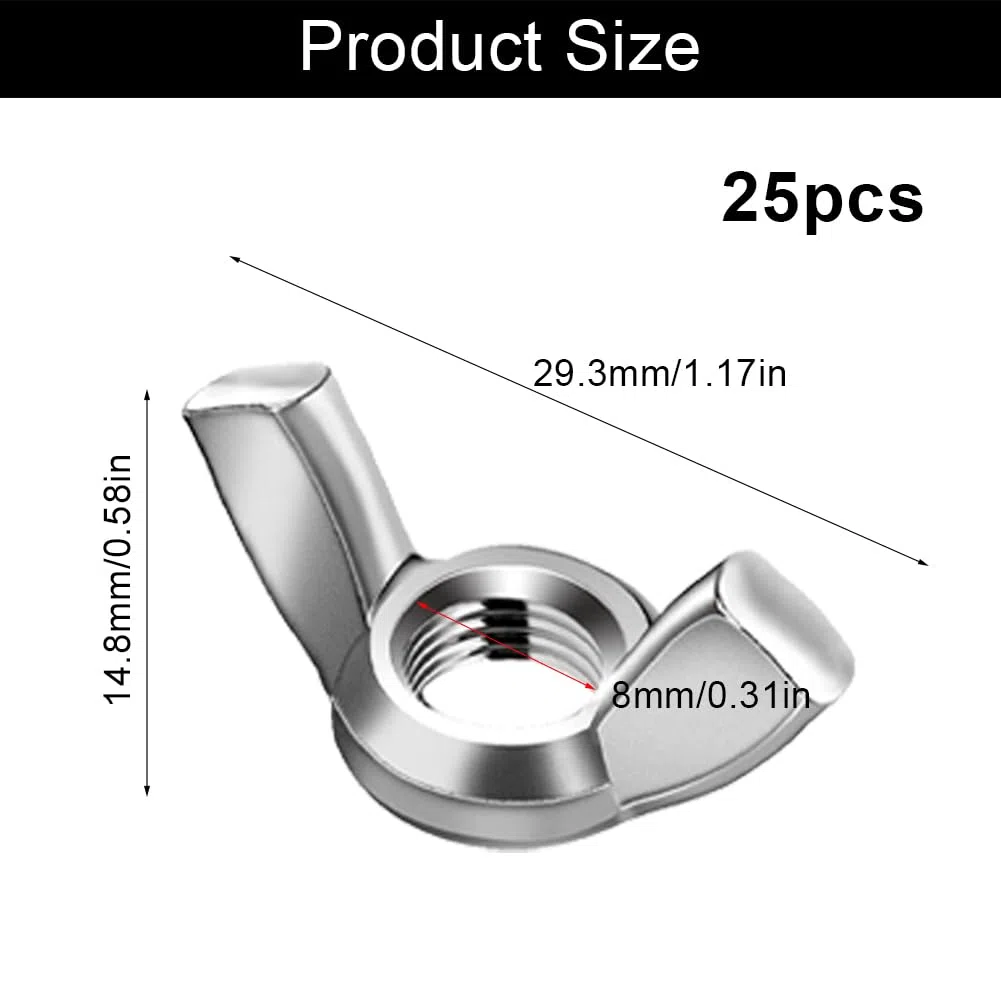 25 Pezzi Dadi ad Alette M8, Dado a Farfalla, Viti a Testa Zigrinata in Acciaio Inox per Fissaggio Fai da Te, Fasteners Hardware