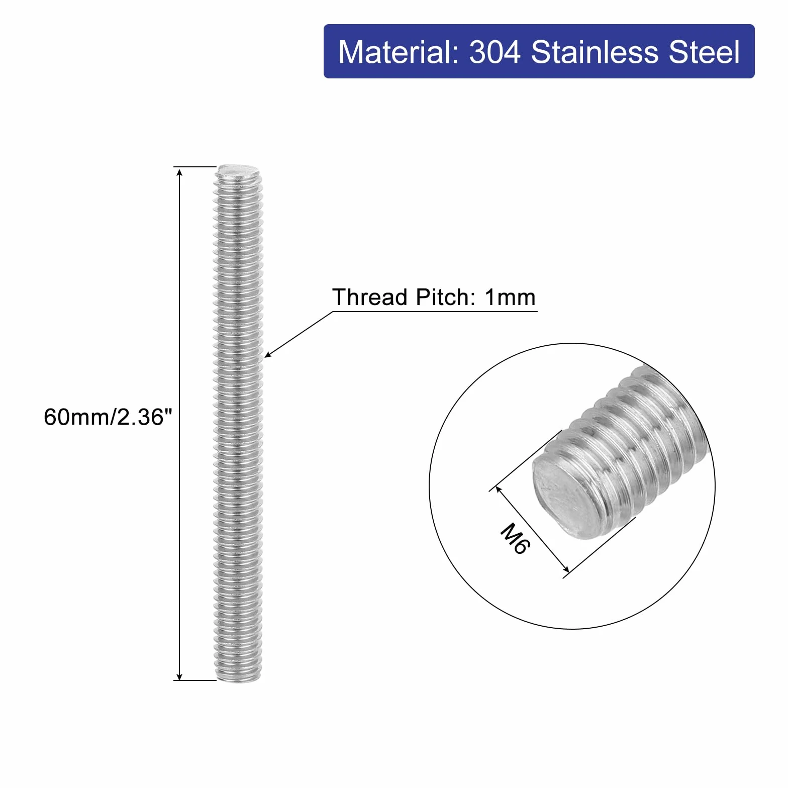 QUARKZMAN 4pz Asta Filettata Intera, M6 x 60mm Acciaio Inossidabile 304 Borchie Barra Filettatura Destra M6-1 Filo di Pece per Assemblaggio Mobili Macchinari