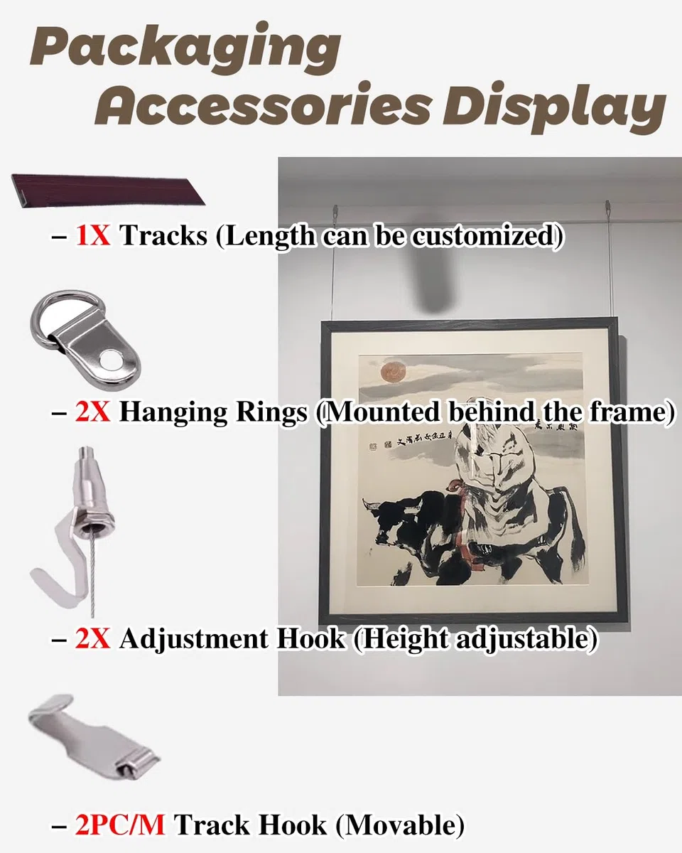 Sistema Decorativo per Appendere Quadri: 36 binari Bianchi per Foto da Parete, Cavi in Acciaio e Ganci a Molla. Ideale per mostre d'Arte e allestimenti in Galleria. Facile Installazione.