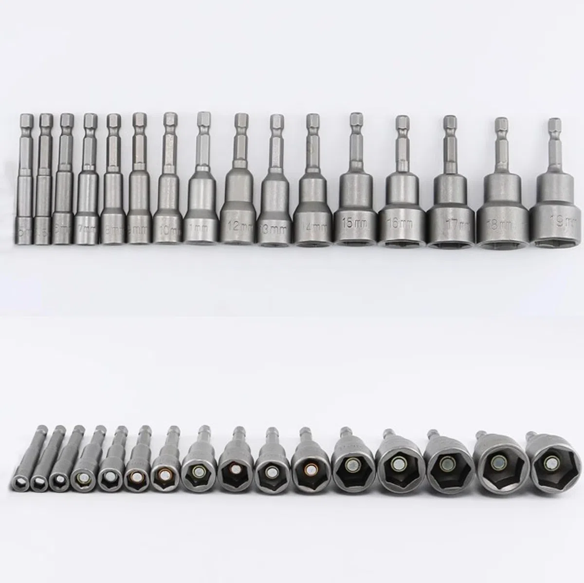 Set di chiavi a bussola magnetiche con codolo esagonale da 10mm, per trapani, avvitatori e adattatori., grigio