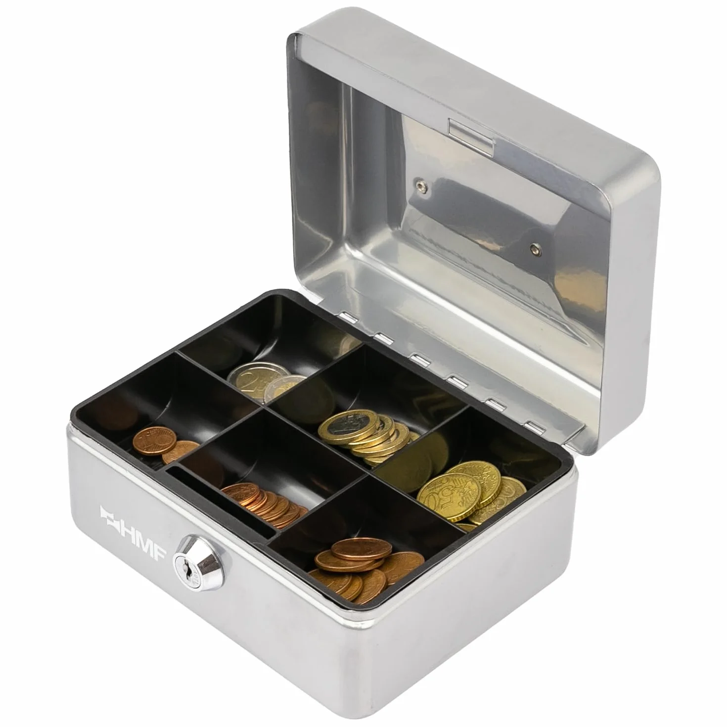 HMF Cassetta portavalori con chiusura a chiave, Cassa con inserto portamonete, 6 scomparti per monete | 15 x 12 x 8 cm | Argento