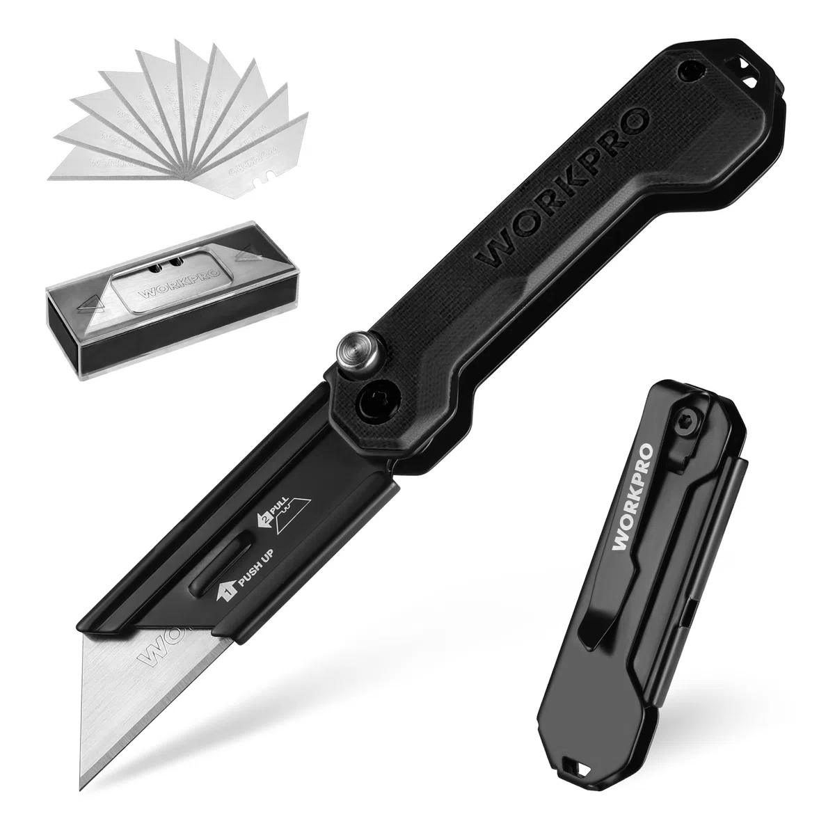 WORKPRO Coltello Taglierino Multiuso, Coltello Multifunzione Tascabile con Manico in G10, Cutter Professionale con10 lame SK5 di Ricambio, Ideale per Carta, Corda, Plastica e Tappto - Nero