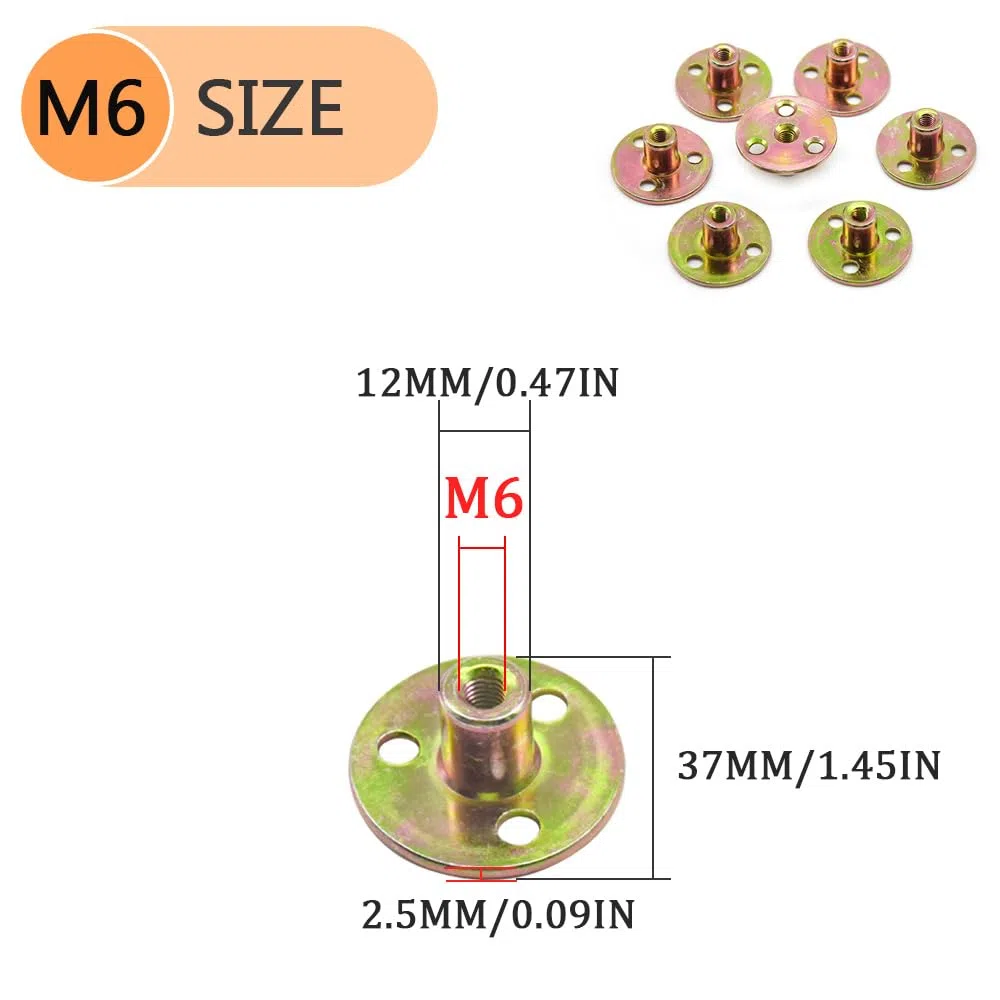 10 dadi flangiati a T dado M6 Brad foro a T flangia con base rotonda filettatura interna, dado a vite a 3 fori per fissaggio e collegamento di legno (M6/FL-LM)