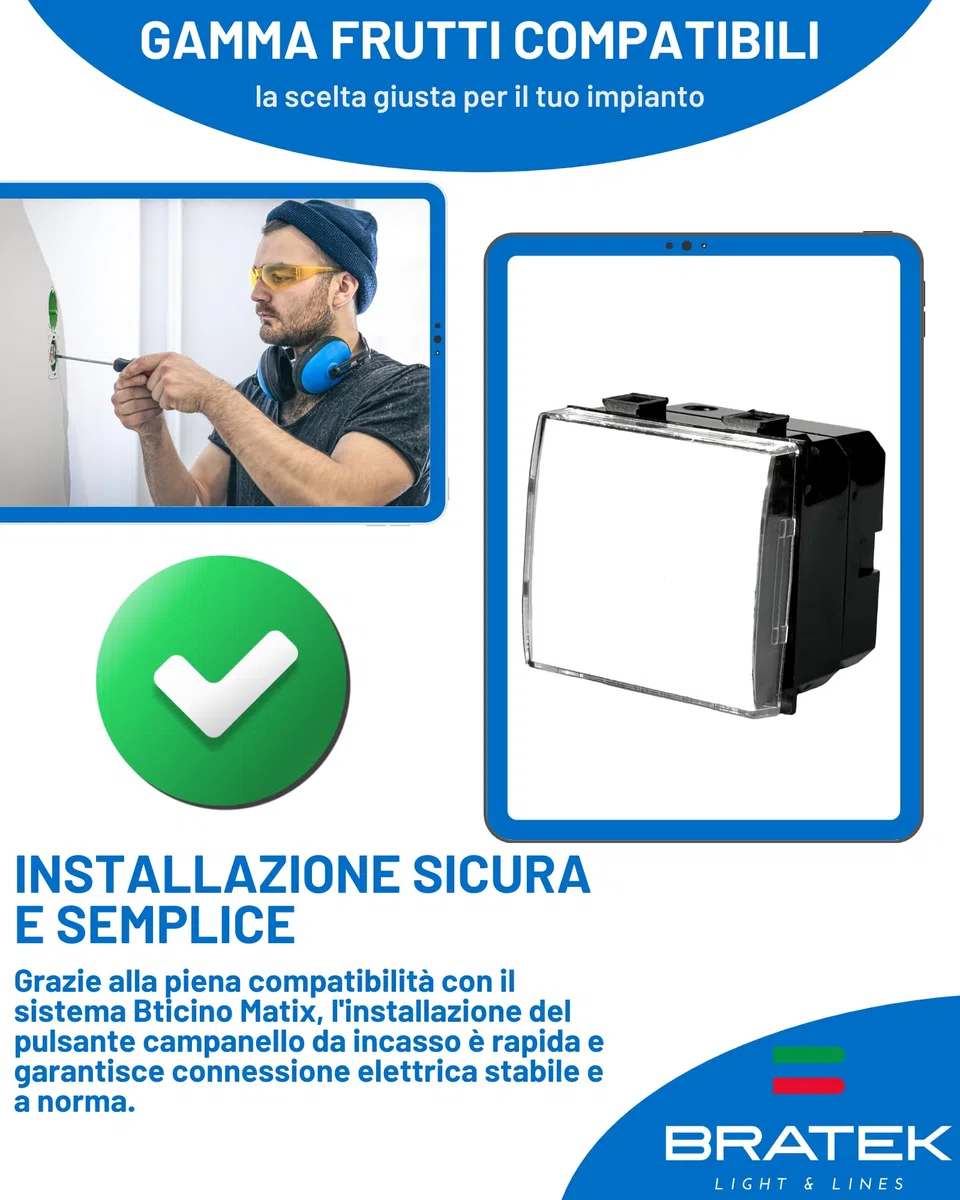 Bratek Pulsante Portanome per Campanello Porta Ingresso Casa Compatibile Bticino Matix - Pulsante Campanello Esterno Casa da Incasso con Targa Porta Nome x Supporti Matix - Sostituisce AM5008, Bianco