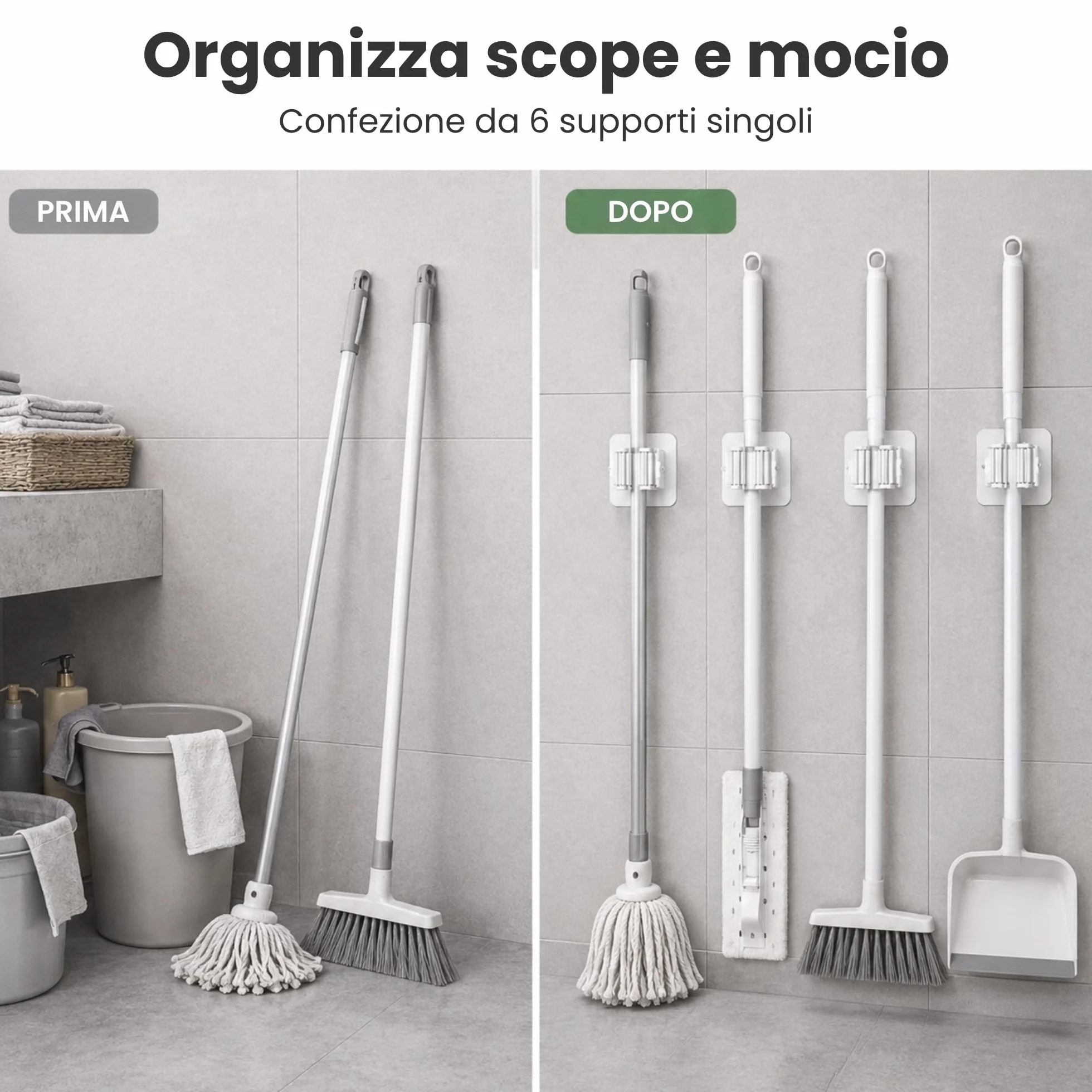 Porta Scope Parete Adesivo Set da 6, Portascope da Muro Appendibile Senza Forare, Appendi Scope Bianco per Scopa e Mocio, Cucina, Bagno, Lavanderia e Garage, 6 x 6 x 4,5 cm