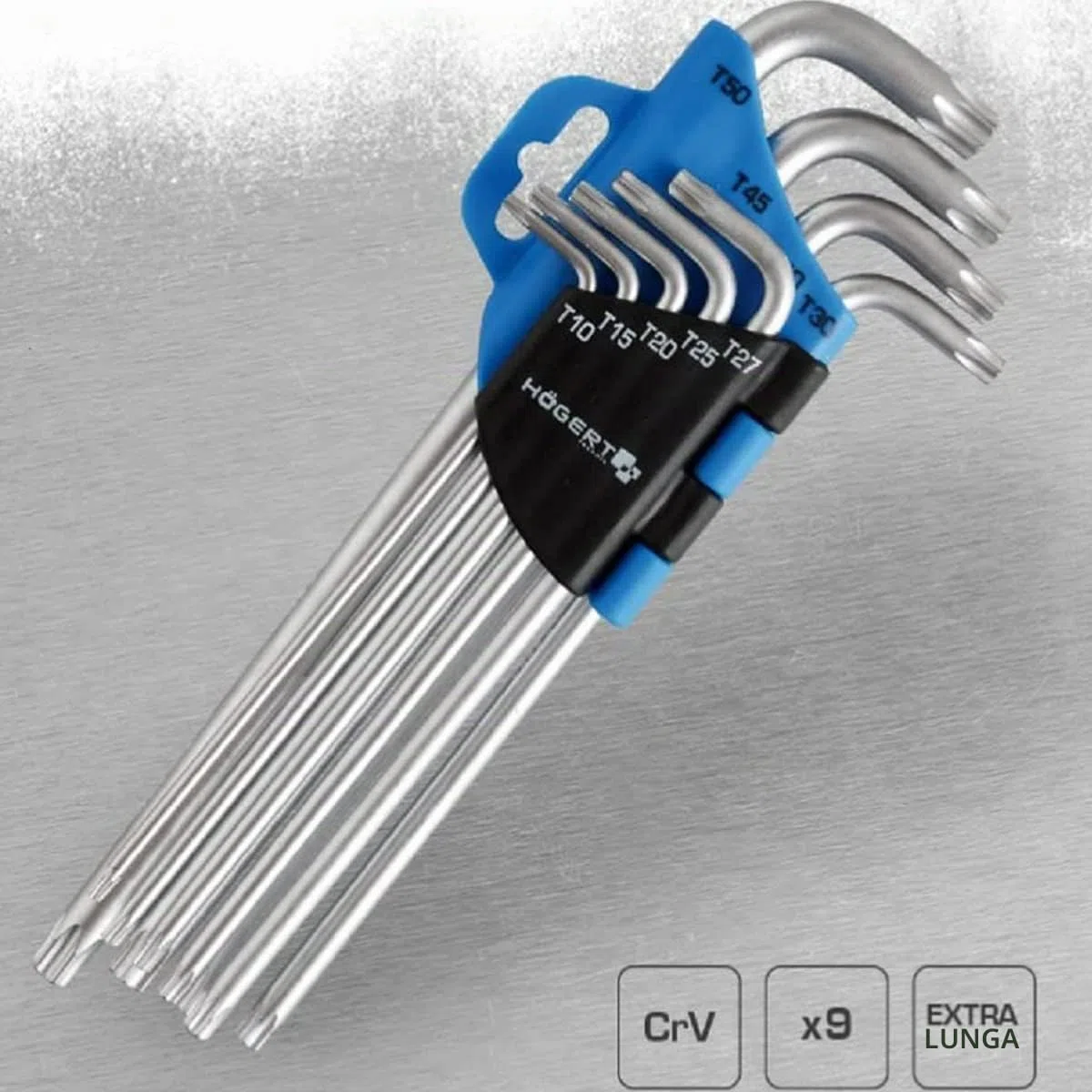 Högert Technik - Set Chiavi Chiavi a Brugola Lunghe, Kit Chiave, Misure da T10 a T50 Set, Acciaio Cromo-Vanadio Set Resistente alla Deformazione e all'Usura - HT1W818, 9 Pezzi