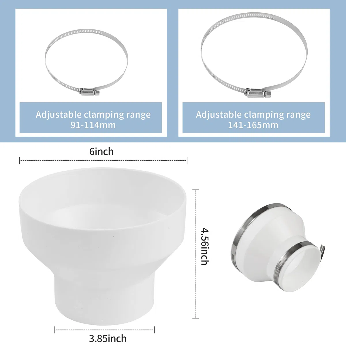 Adattatore per tubo tondo 150-100 mm con 2 fascette stringitubo in acciaio inox, riduttore in ABS, per condotti di ventilazione
