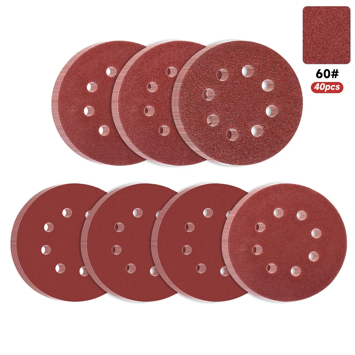 40 Pz Dischi Abrasivi 125mm, Carta Vetrata per Levigatrice Rotorbitale, Disco Abrasivo per Smerigliatrice da 60 Grana con 8 Fori per pareti, legno, metallo, ecc