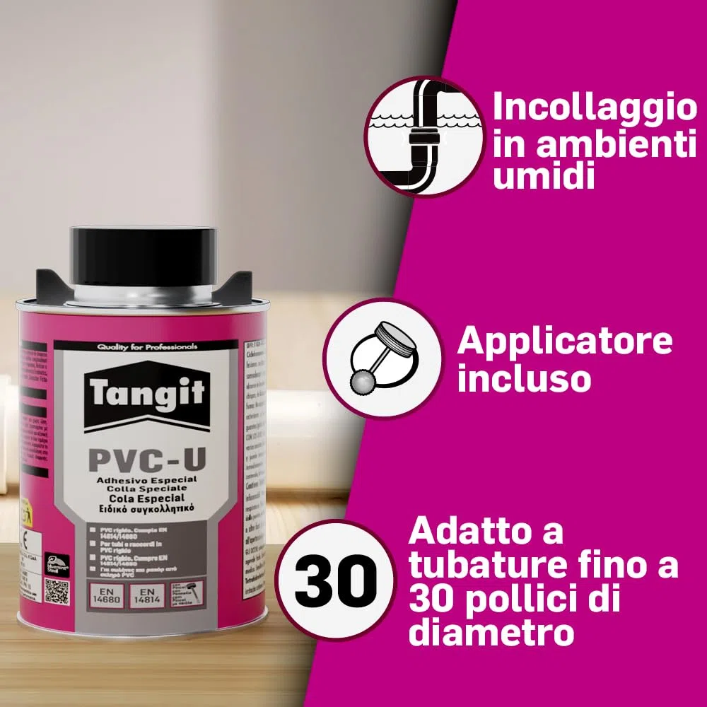 Tangit Adesivo speciale con pennello, Tangit PVC colla per assemblare tubi, Adesivo PVC per incollare tubature idrauliche e giunzioni, 1x250g latta con pennello