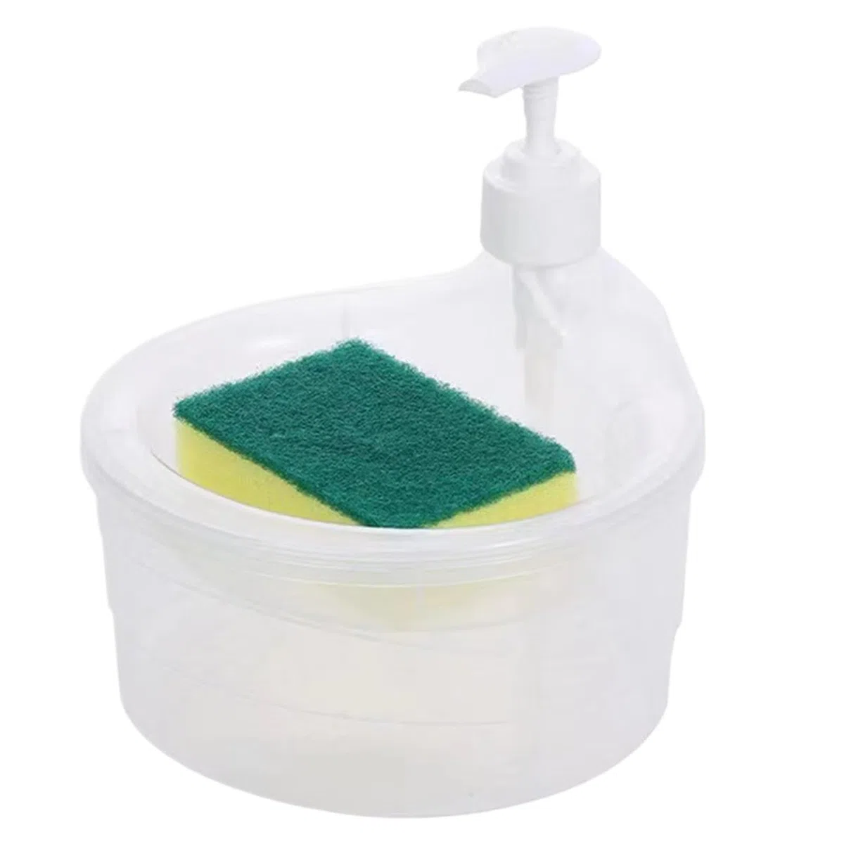 2-in-1 Dishwashing Dispenser with Sponge, Liquid Pump Bottle and Holder, Compact Sturdy Space-Saving Kitchen Sink Accessory for Cleaning Plates, Bowls, Glasses, and Utensils