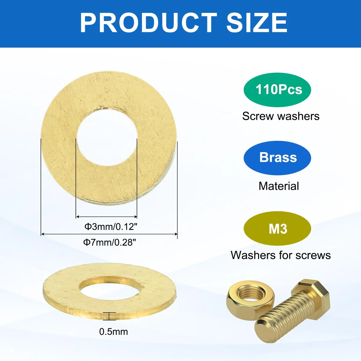 QUARKZMAN 110 Pz Rondelle Piatte Ottone M3, Kit Di Rondelle Schiacciate In Rame Per Bulloni Viti Riparazioni Meccaniche e Outdoor, 3mm×7mm×0.5mm(ID×OD×Spessore)