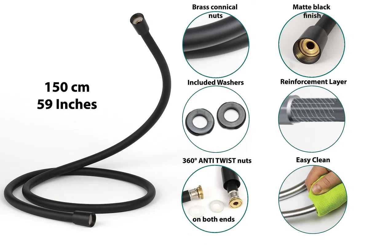 YOSSEE 1.5m Tubo Doccia Flessibile Nero PVC Di Ricambio Universale, Antipiega E A Prova Di Perdite E Resistente Ad Alta Temperatura Connettore In Ottone