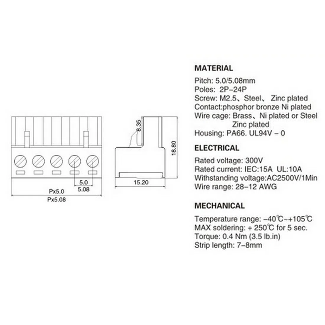 20 Set Morsettiere a Vite 2 Pin 5.08mm – Connettori PCB Maschio-Femmina Pluggable, 300V 15A, per Alimentazione, Distribuzione Segnali, Controllo Industriale