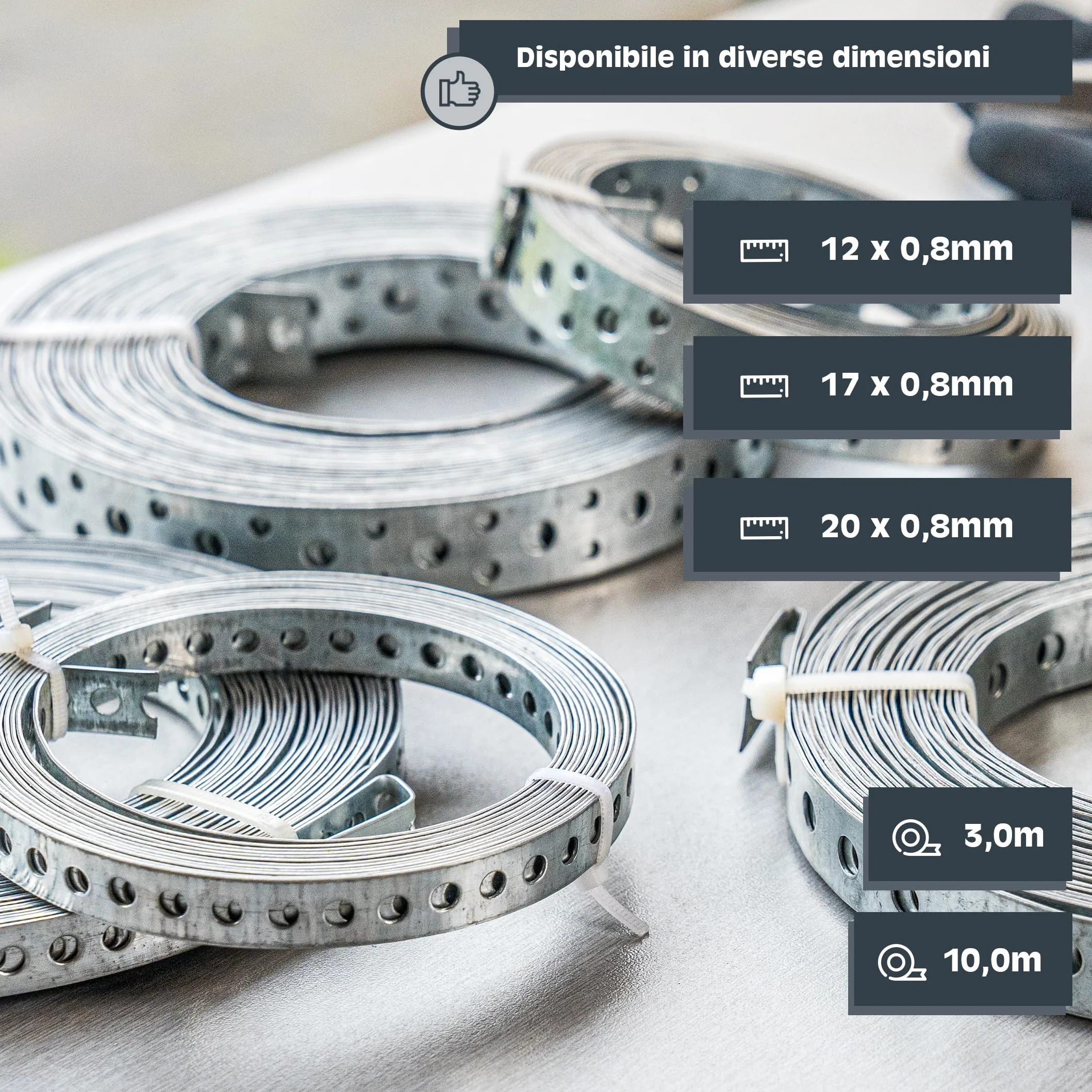 HELPMATE Nastro perforato 10 m di lunghezza - acciaio zincato sendzimir - larghezza 20 mm - spessore materiale 0,8 mm - zincato di alta qualità - Robusto per costruzione, officina, progetti fai da te