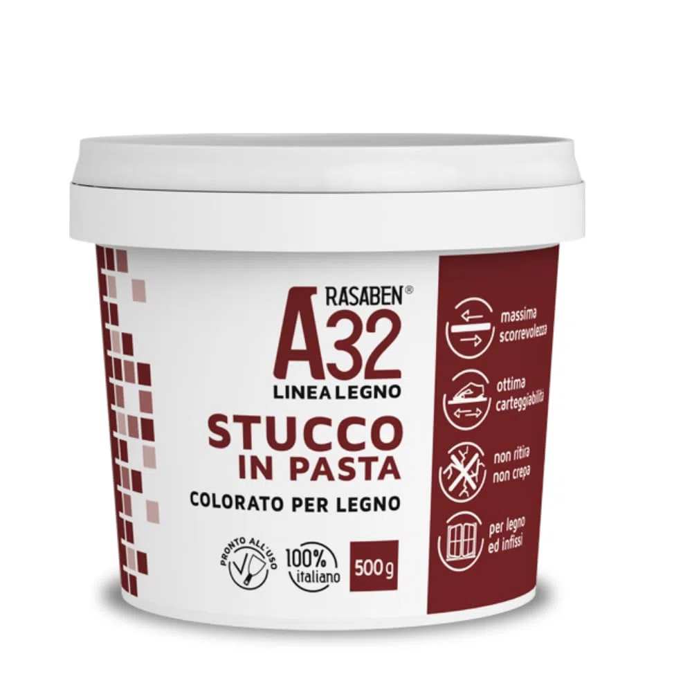 RASABEN - Stucco in Pasta A32 Color Douglas, Specifico per Legno, Pronto all'Uso, Ottima Carteggiabilità, Non Ritira o Crepa, per Mobili e Infissi, Uso Interno, Made in Italy, Barattolo da 0,5kg