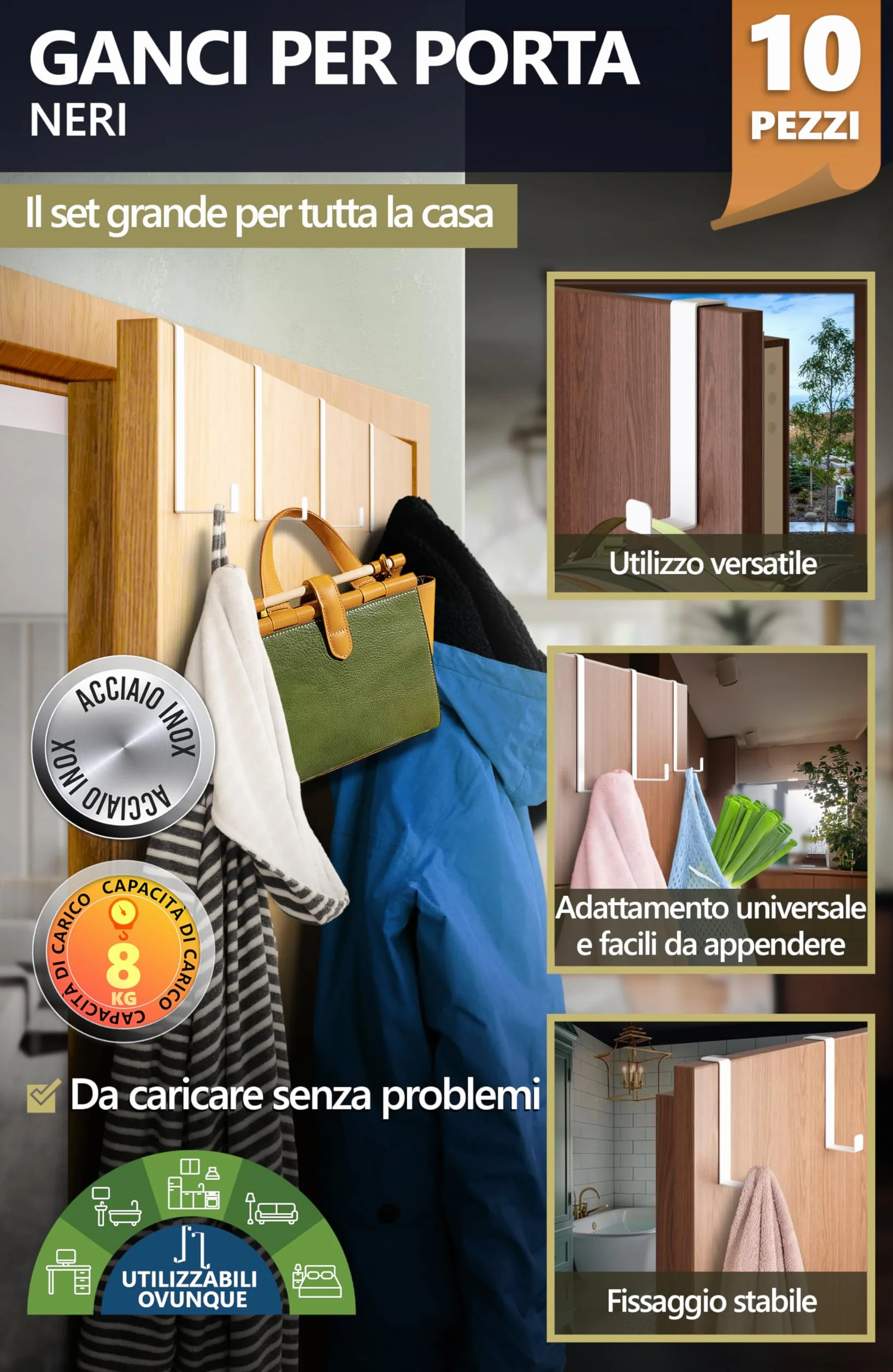 4smile Appendiabiti da Porta 1.6 cm 2.2 cm, 10 Pezzi in Bianco - Attaccapanni da Porta in Acciaio Inox, Durevole Appendi Accappatoio per Bagno, Universali Ganci Porta