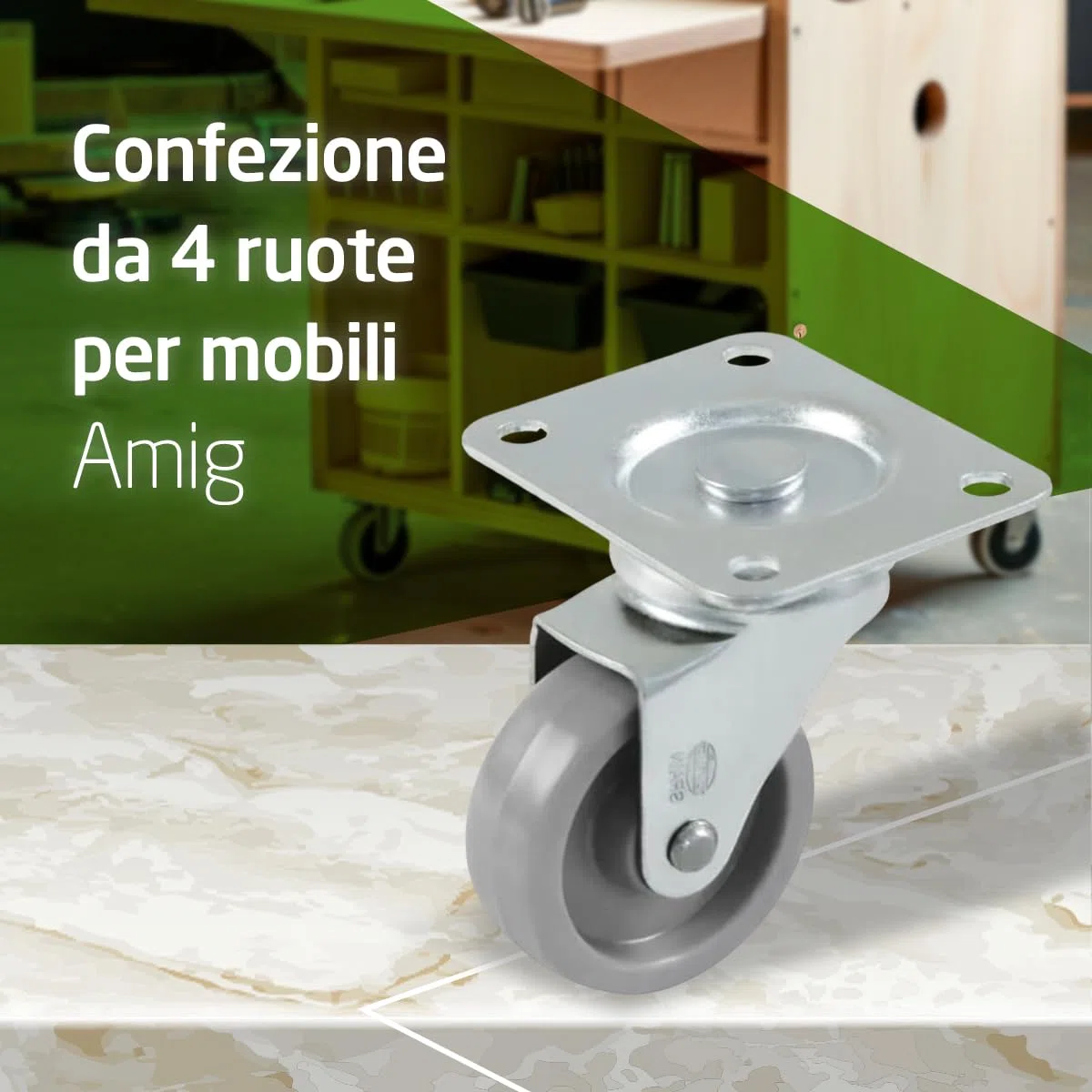 Amig - Pacco di 4 ruote per mobili mod. 2500 con piastra e cuscinetti. Misura: diametro 40 mm. Carico massimo per ruota: 22 kg. Realizzate in nylon, colore grigio, senza freno.